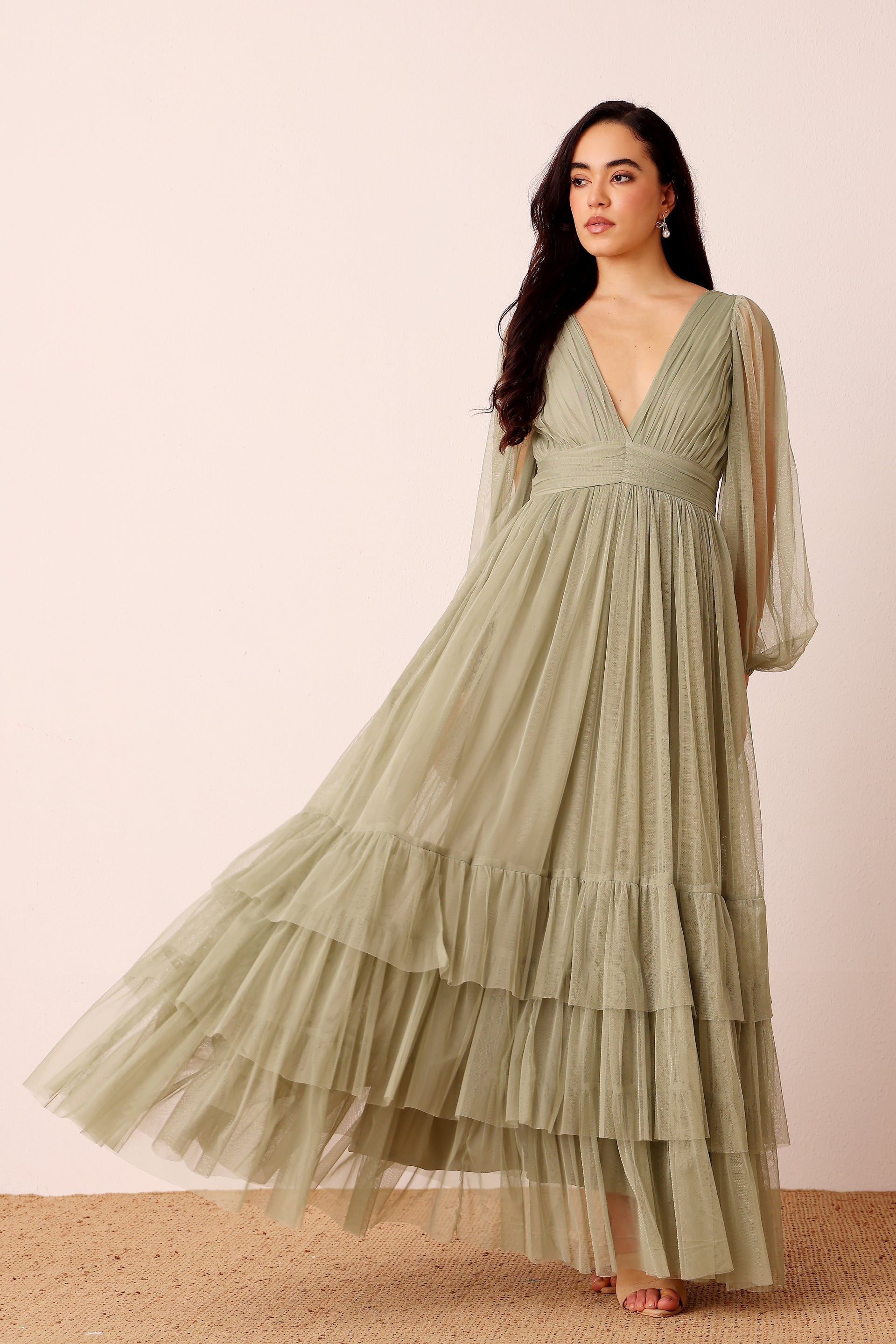 Madison Long Sleeve Tulle Wrap Maxi Dress in Dusty Sage