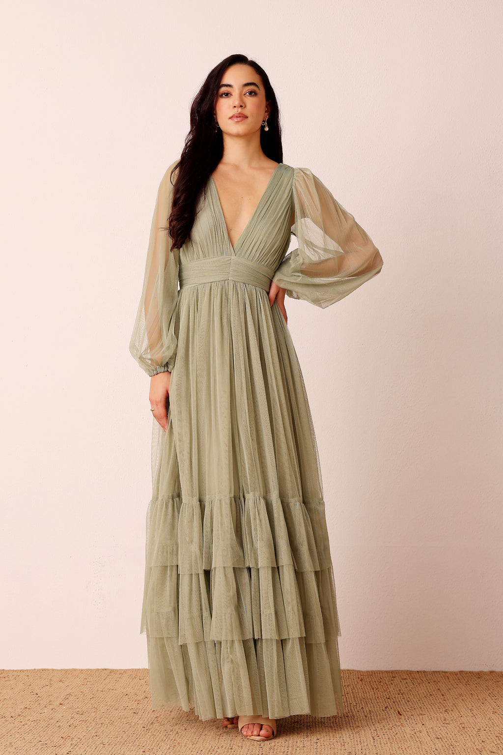 Madison Long Sleeve Tulle Wrap Maxi Dress in Dusty Sage  Lace & Beads