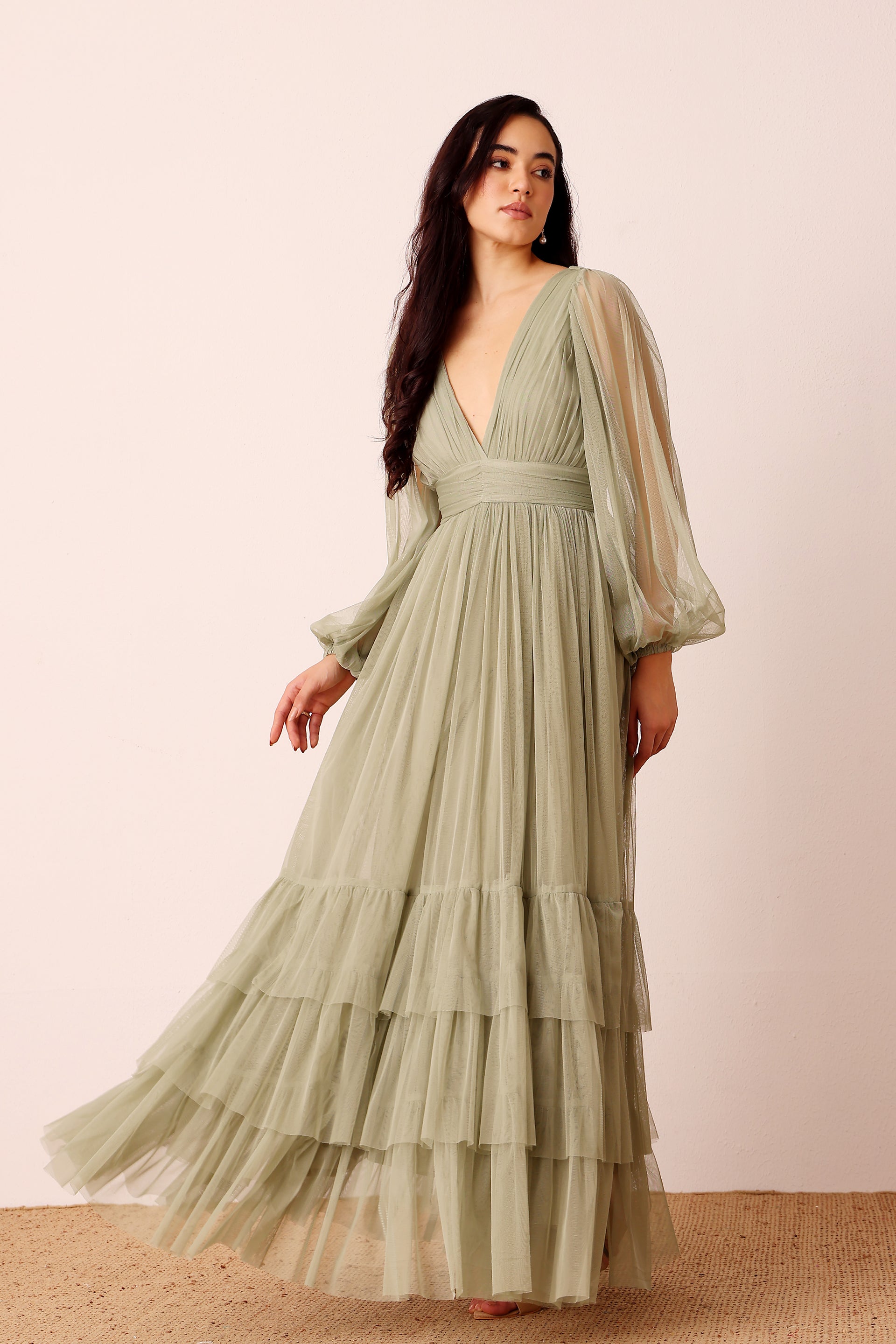 Madison Long Sleeve Tulle Wrap Maxi Dress in Dusty Sage