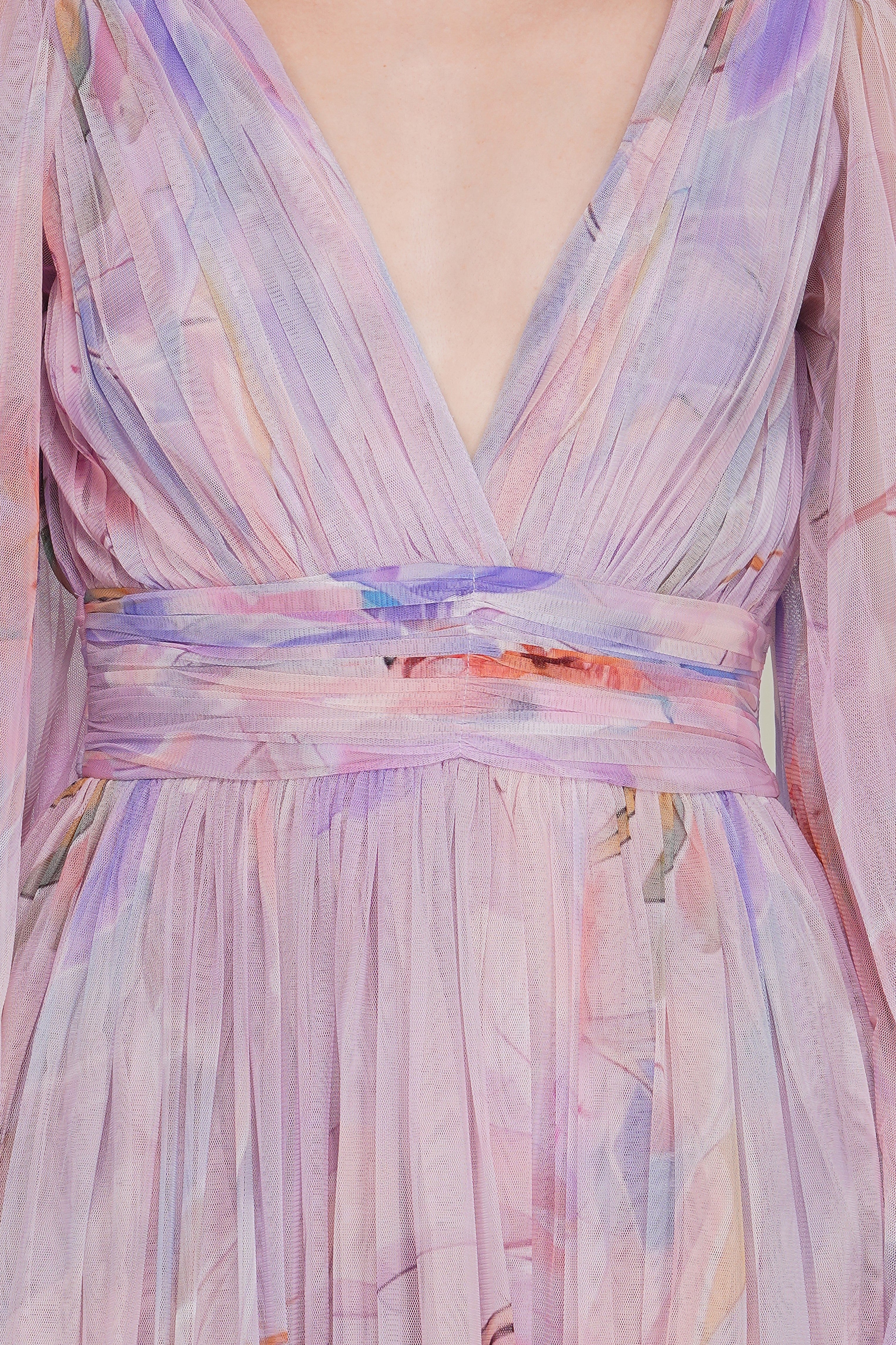 Long Sleeve Tulle Wrap Madison Maxi Dress in Lilac Wisteria Print