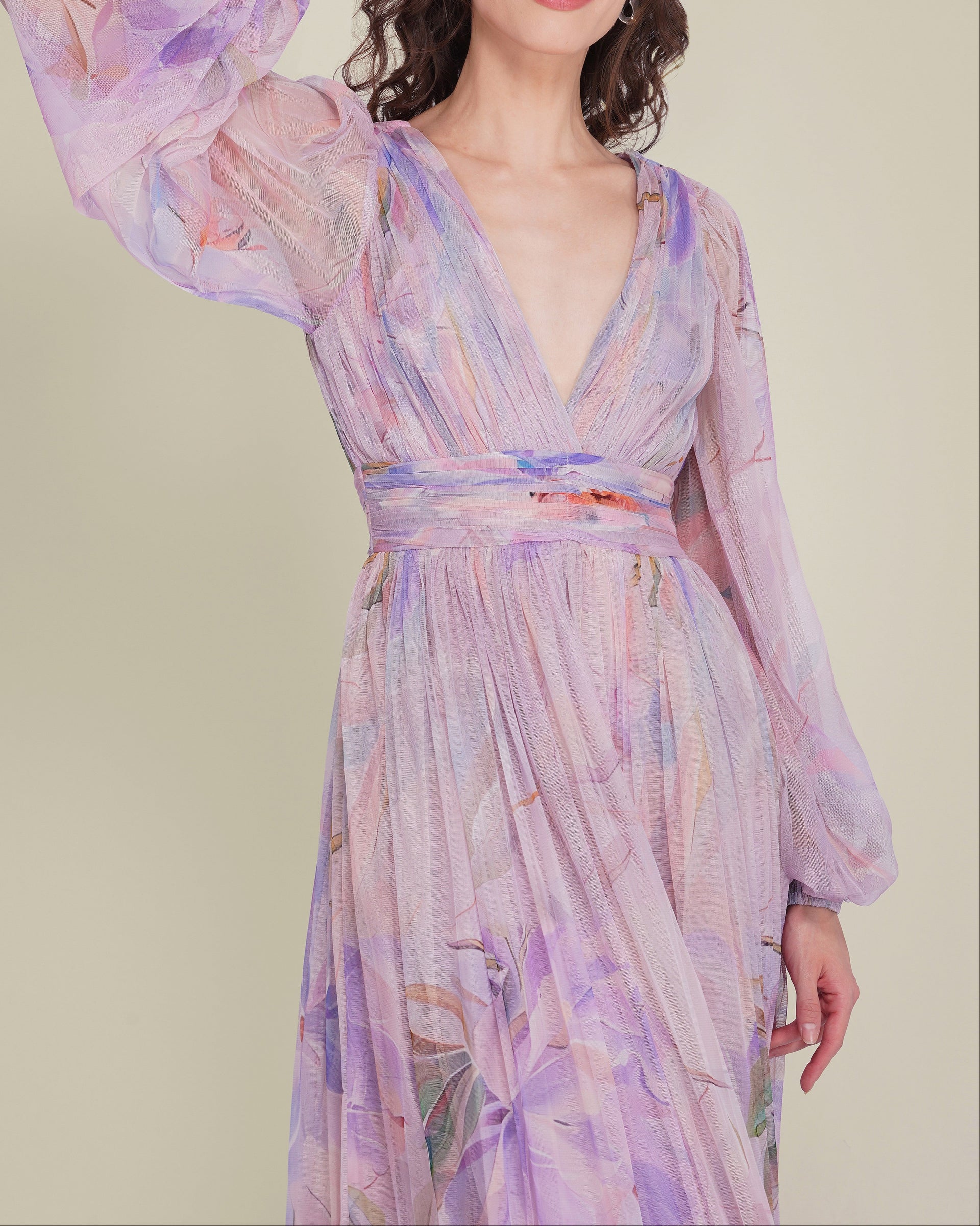 Long Sleeve Tulle Wrap Madison Maxi Dress in Lilac Wisteria Print