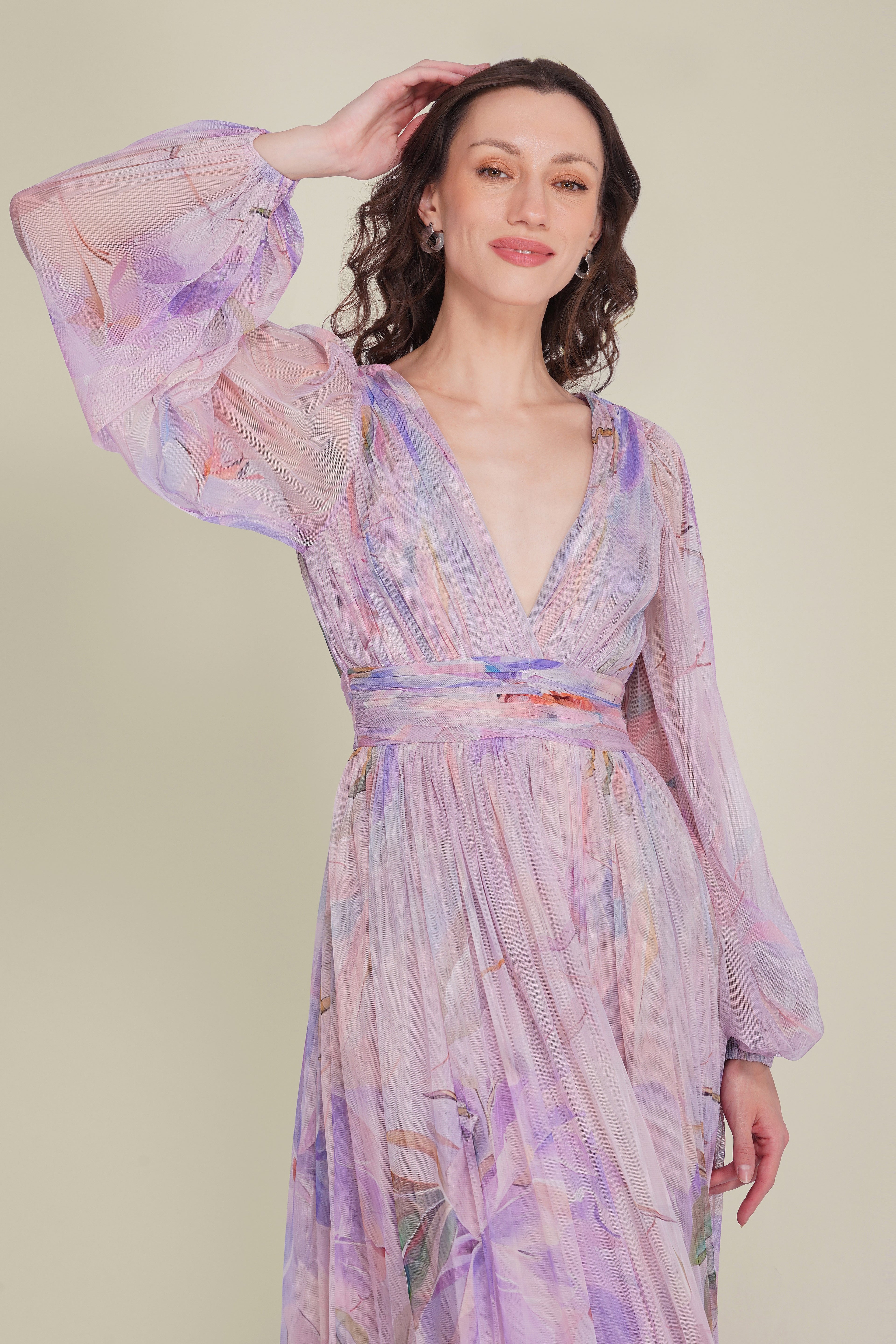 Long Sleeve Tulle Wrap Madison Maxi Dress in Lilac Wisteria Print
