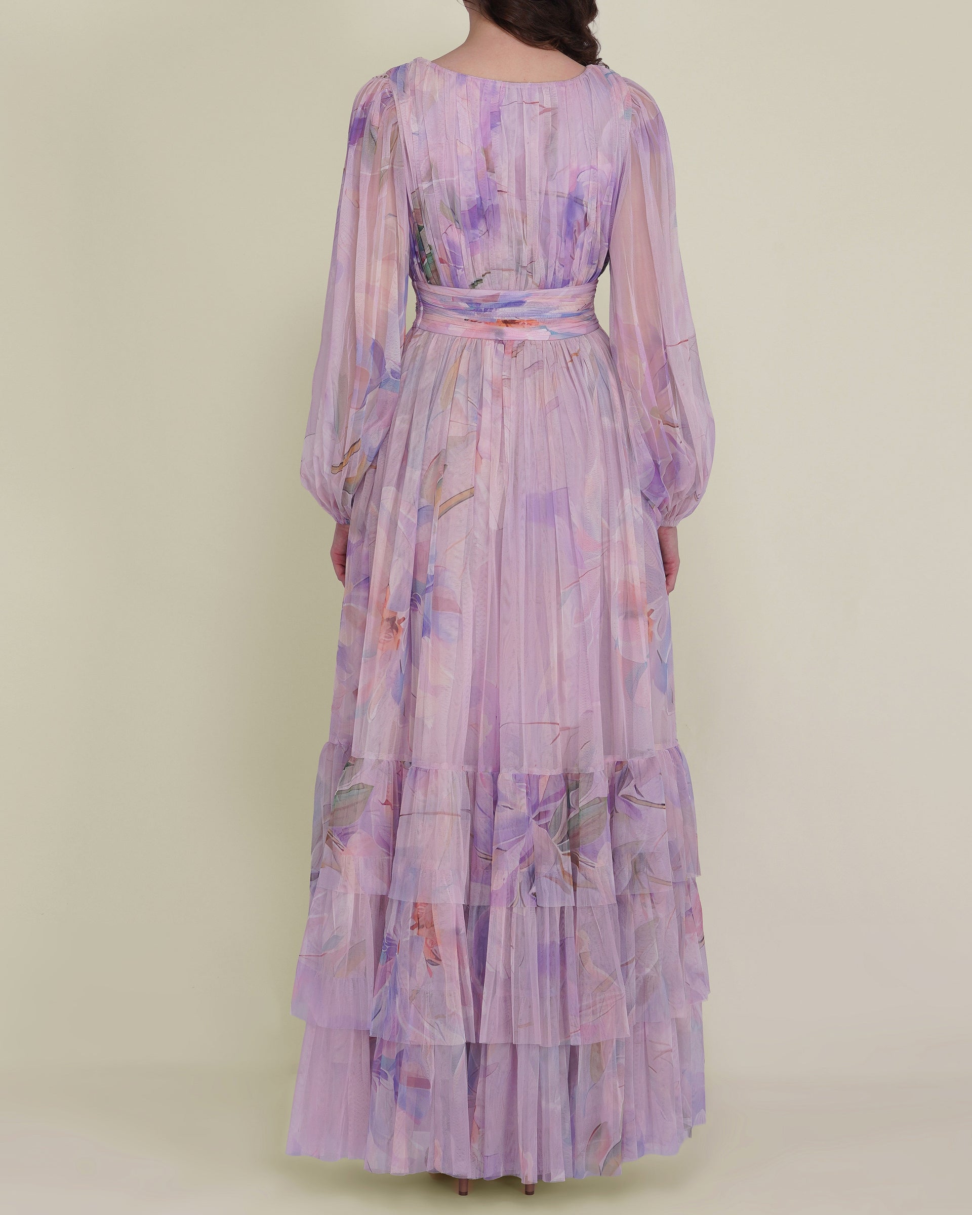 Long Sleeve Tulle Wrap Madison Maxi Dress in Lilac Wisteria Print