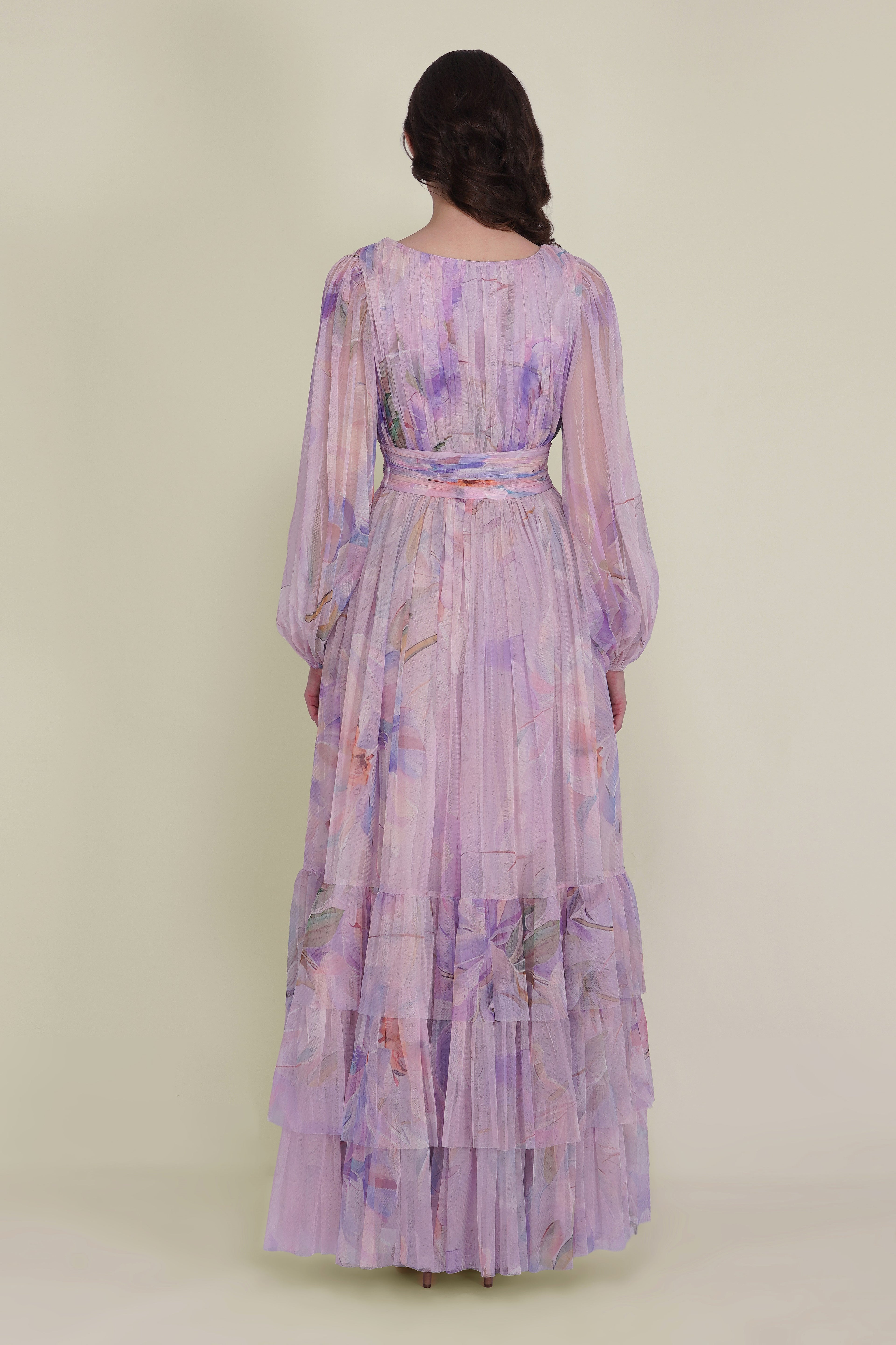 Long Sleeve Tulle Wrap Madison Maxi Dress in Lilac Wisteria Print