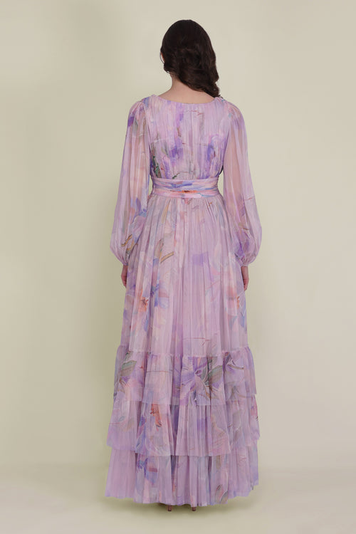 Long Sleeve Tulle Wrap Madison Maxi Dress in Lilac Wisteria Print