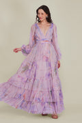 Long Sleeve Tulle Wrap Madison Maxi Dress in Lilac Wisteria Print
