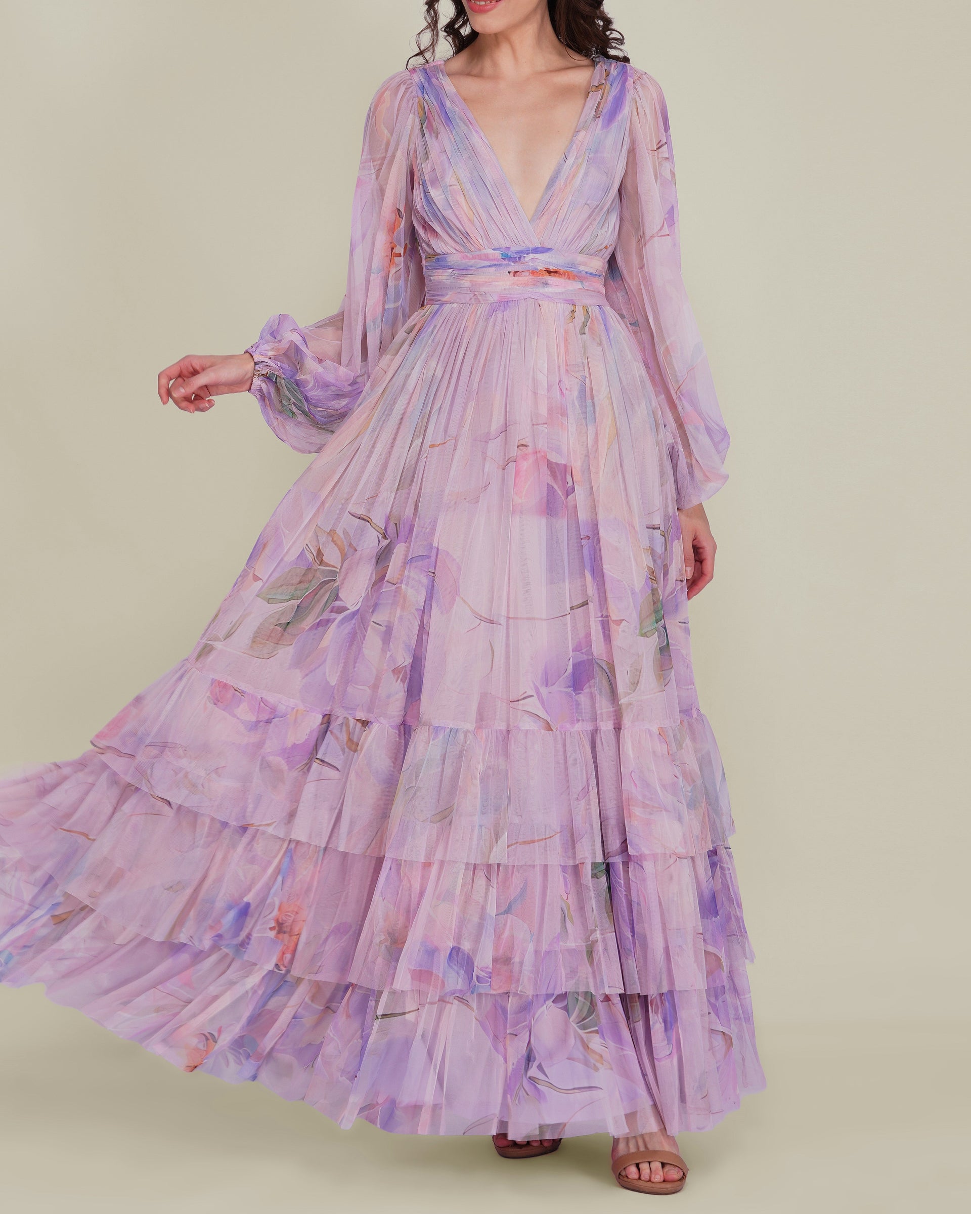Long Sleeve Tulle Wrap Madison Maxi Dress in Lilac Wisteria Print