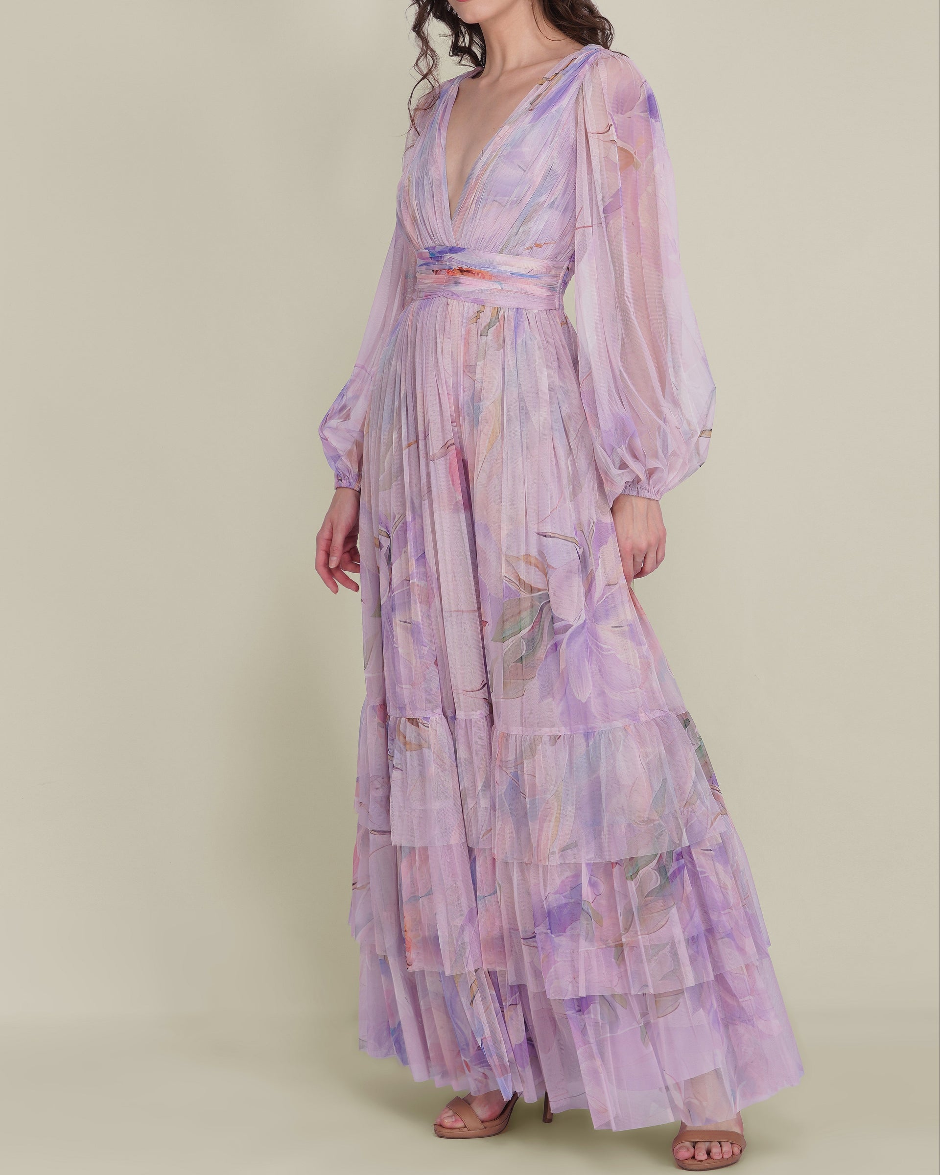 Long Sleeve Tulle Wrap Madison Maxi Dress in Lilac Wisteria Print