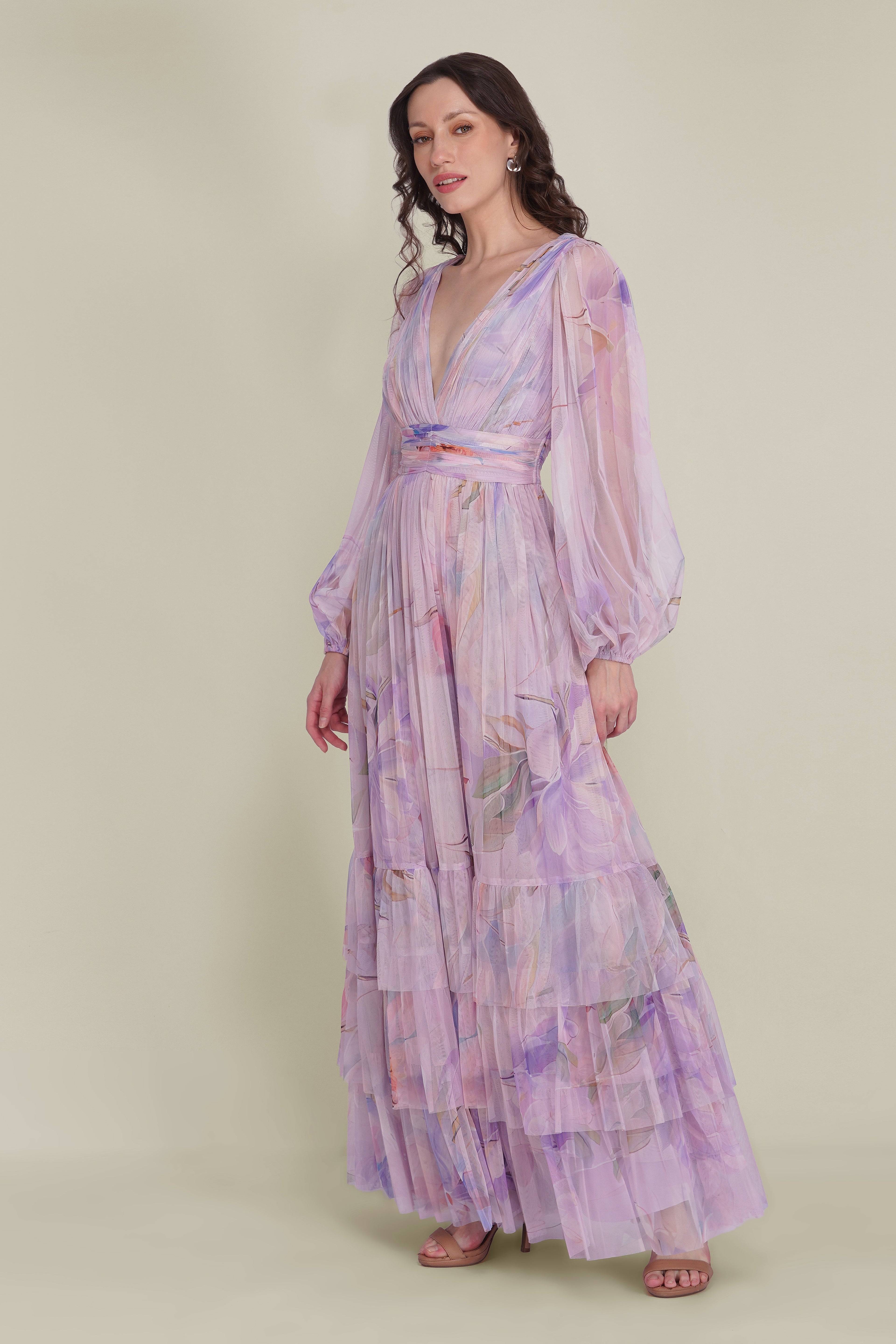 Long Sleeve Tulle Wrap Madison Maxi Dress in Lilac Wisteria Print