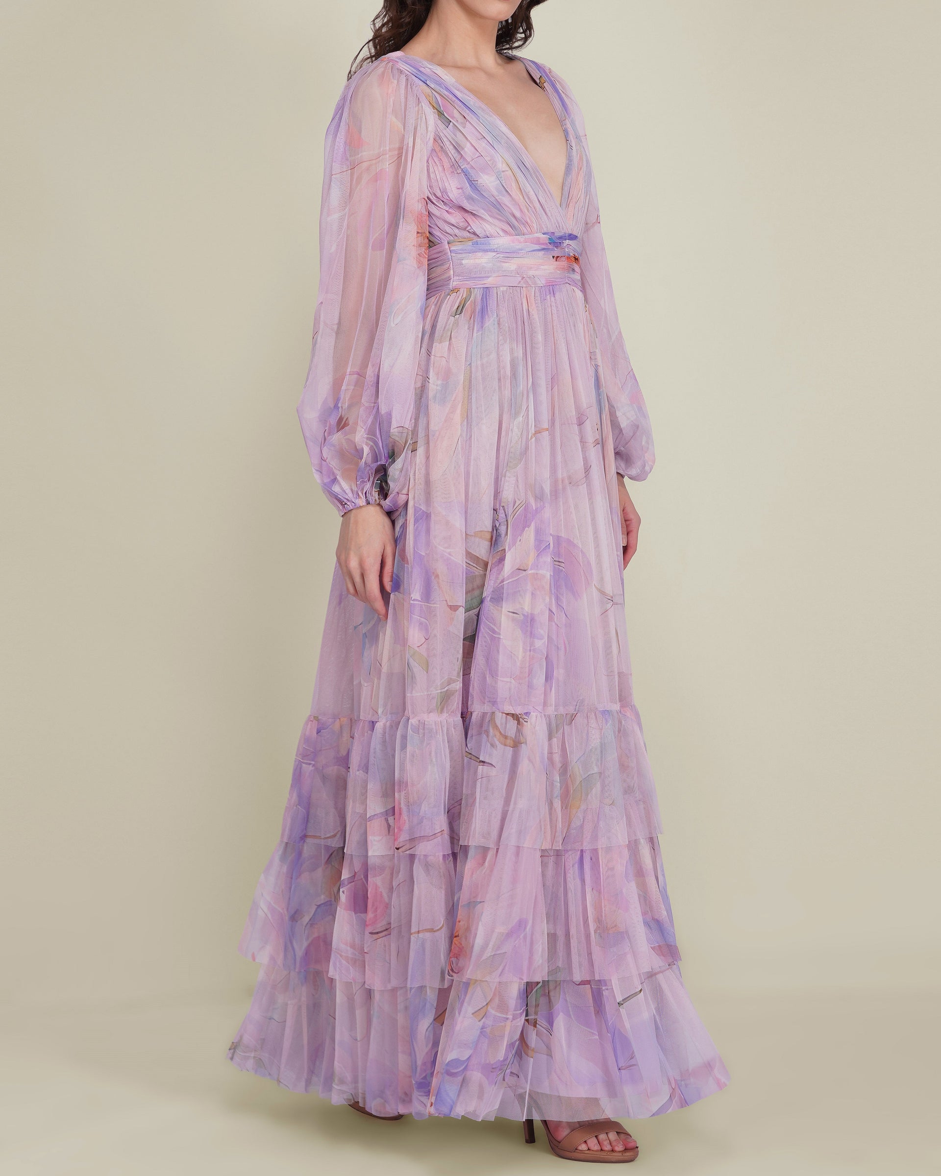 Long Sleeve Tulle Wrap Madison Maxi Dress in Lilac Wisteria Print