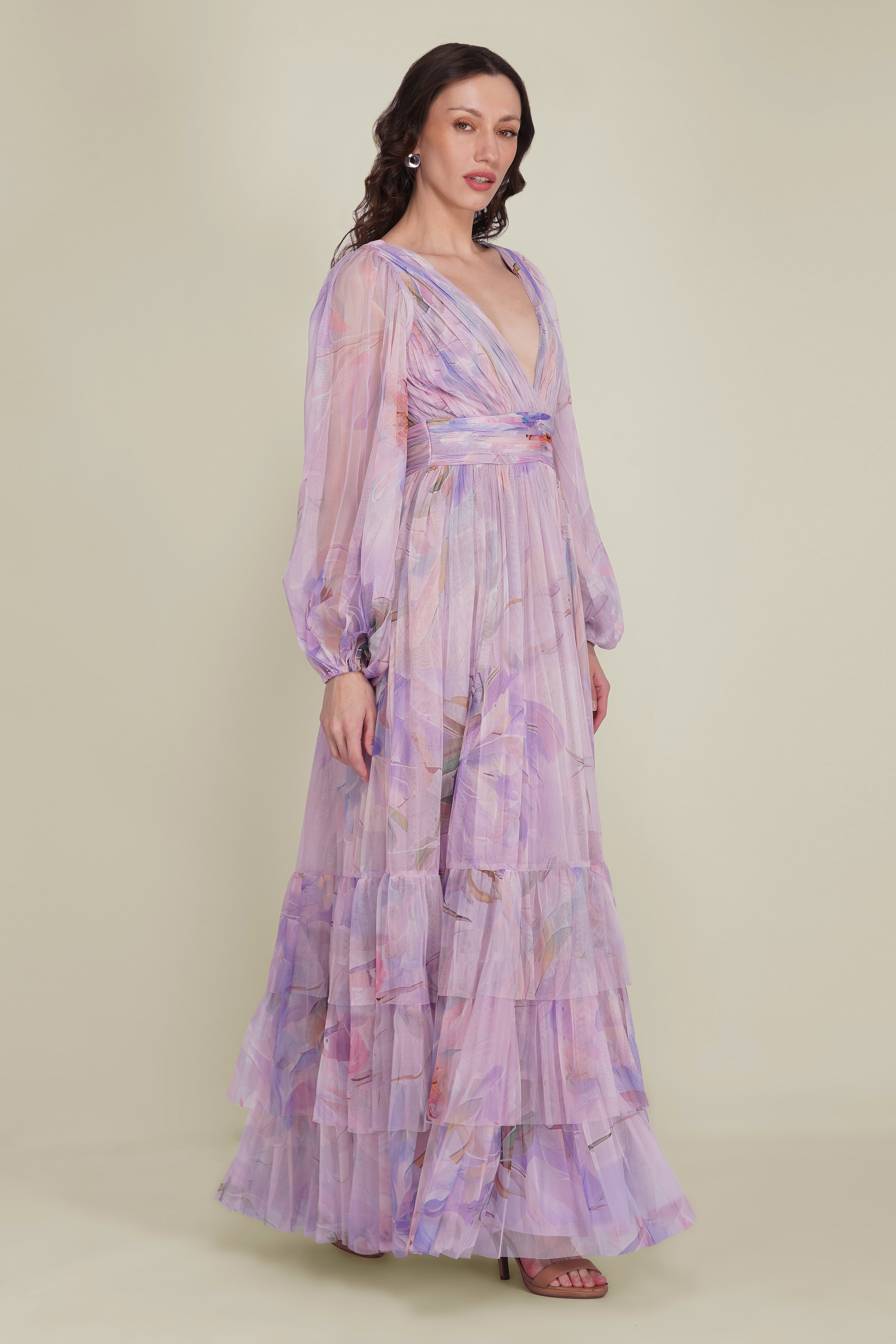 Long Sleeve Tulle Wrap Madison Maxi Dress in Lilac Wisteria Print