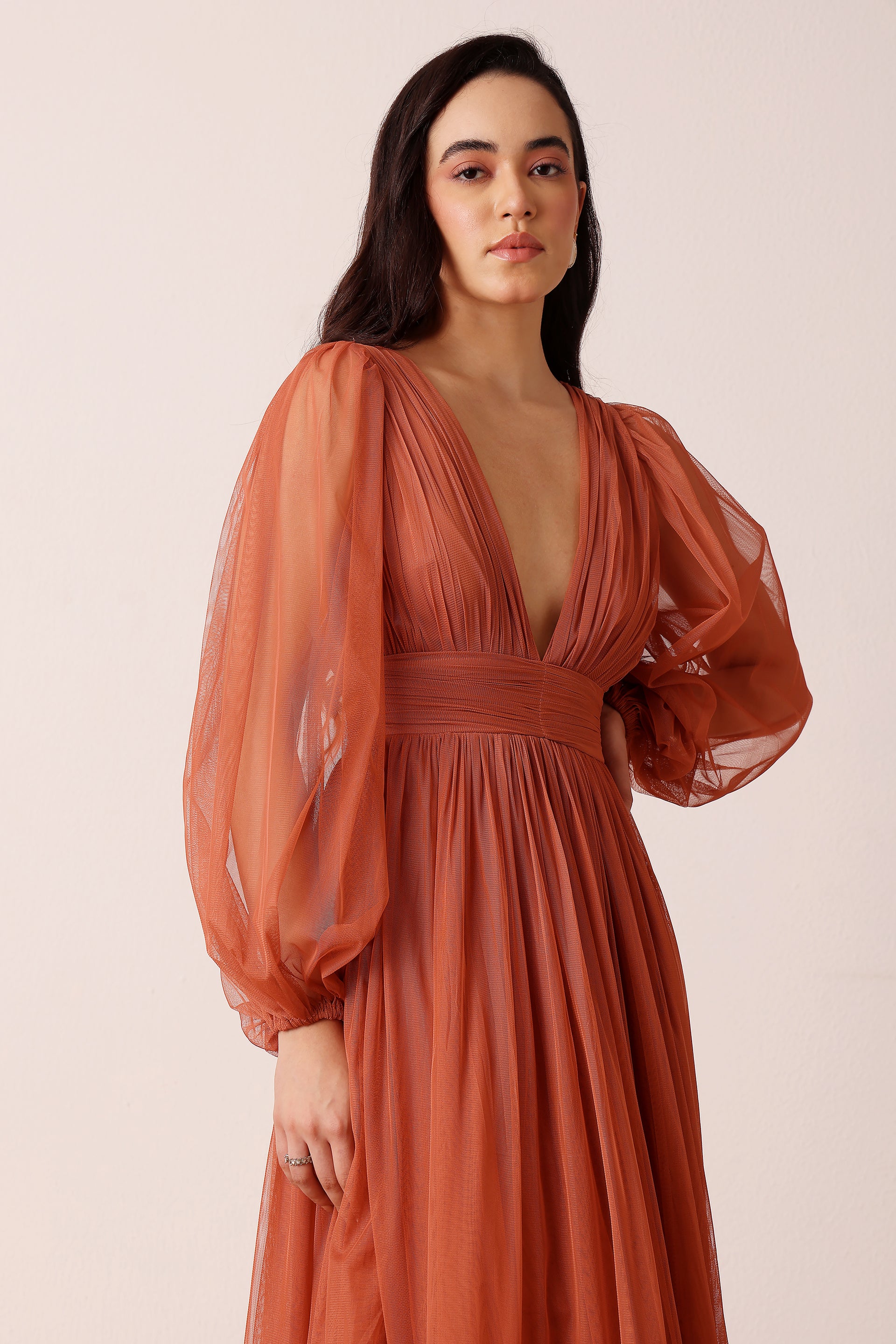 Madison Long Sleeve Tulle Maxi Dress in Terracotta Rose
