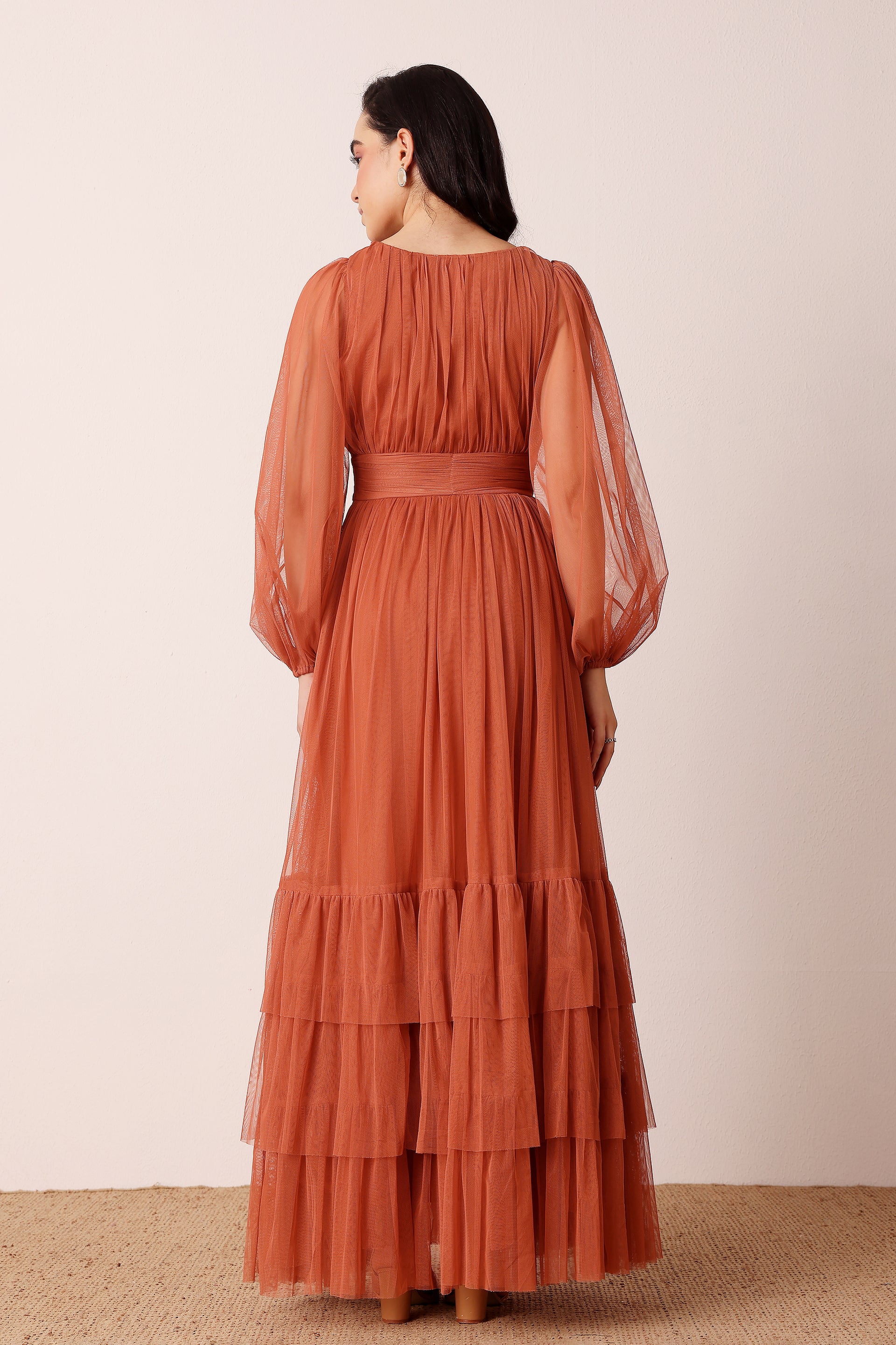 Madison Long Sleeve Tulle Maxi Dress in Terracotta Rose