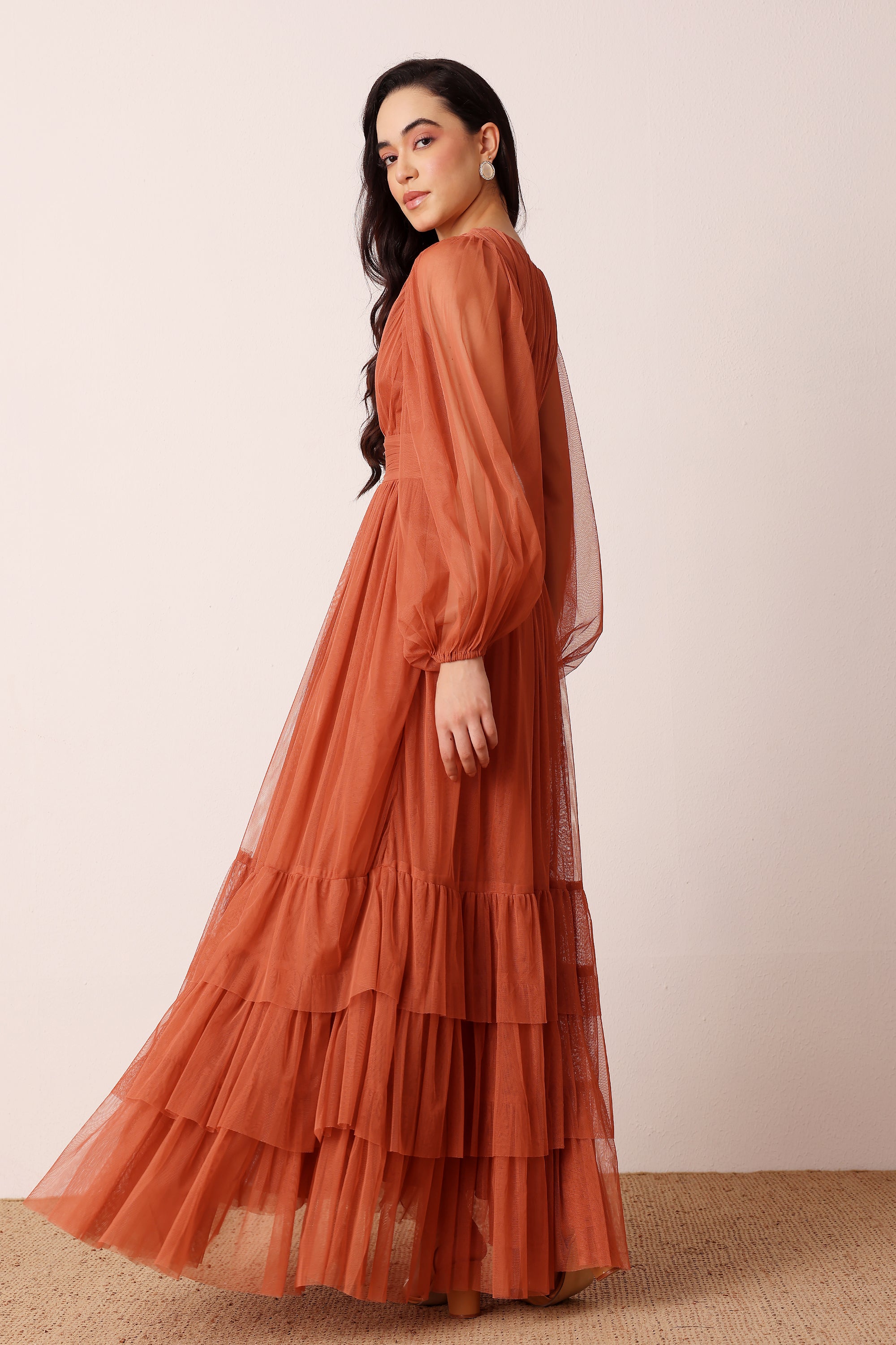 Madison Long Sleeve Tulle Maxi Dress in Terracotta Rose