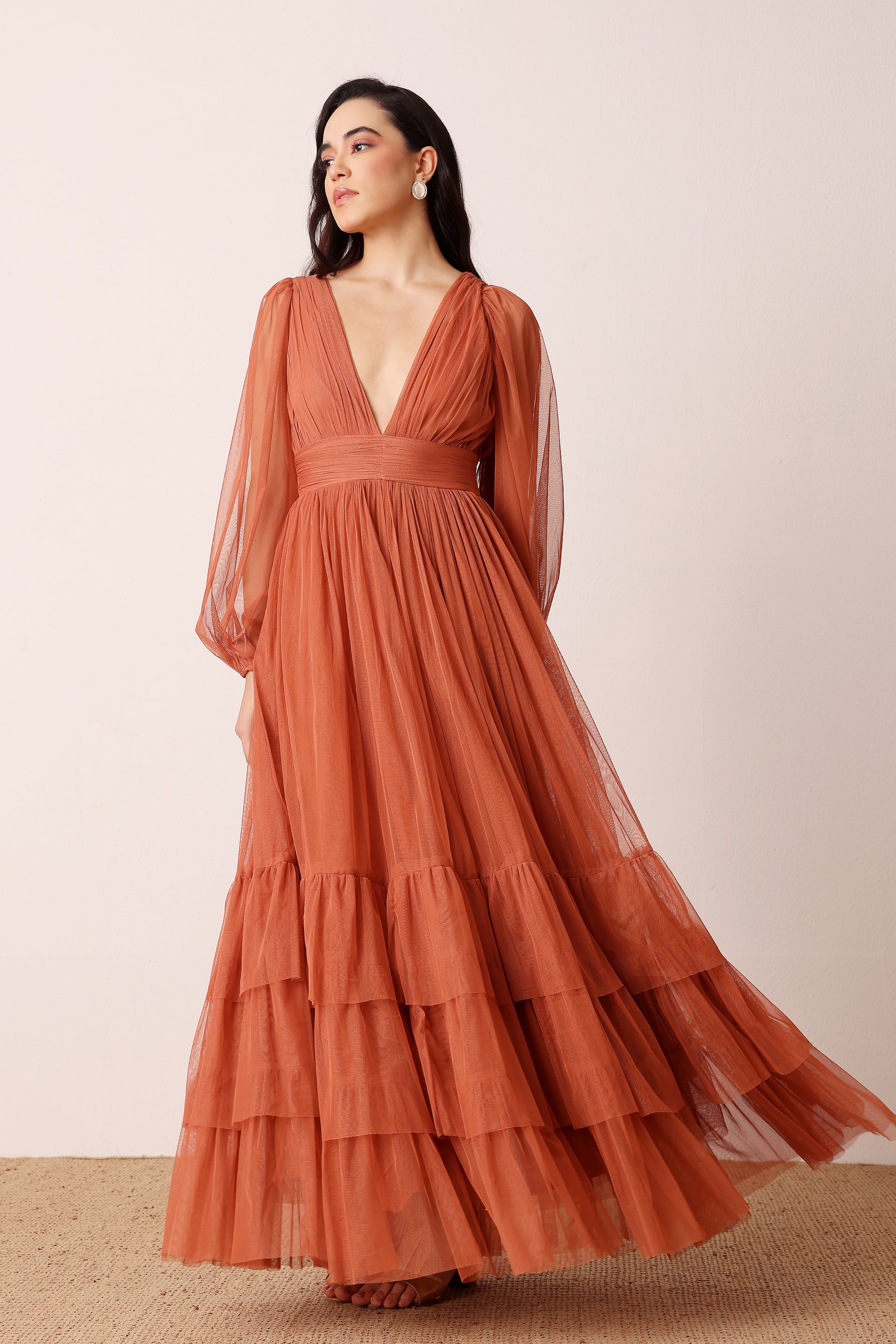 Madison Long Sleeve Tulle Maxi Dress in Terracotta Rose