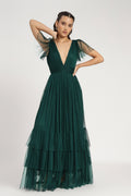 Tulle emerald maxi dress short-sleeve tiered-skirt