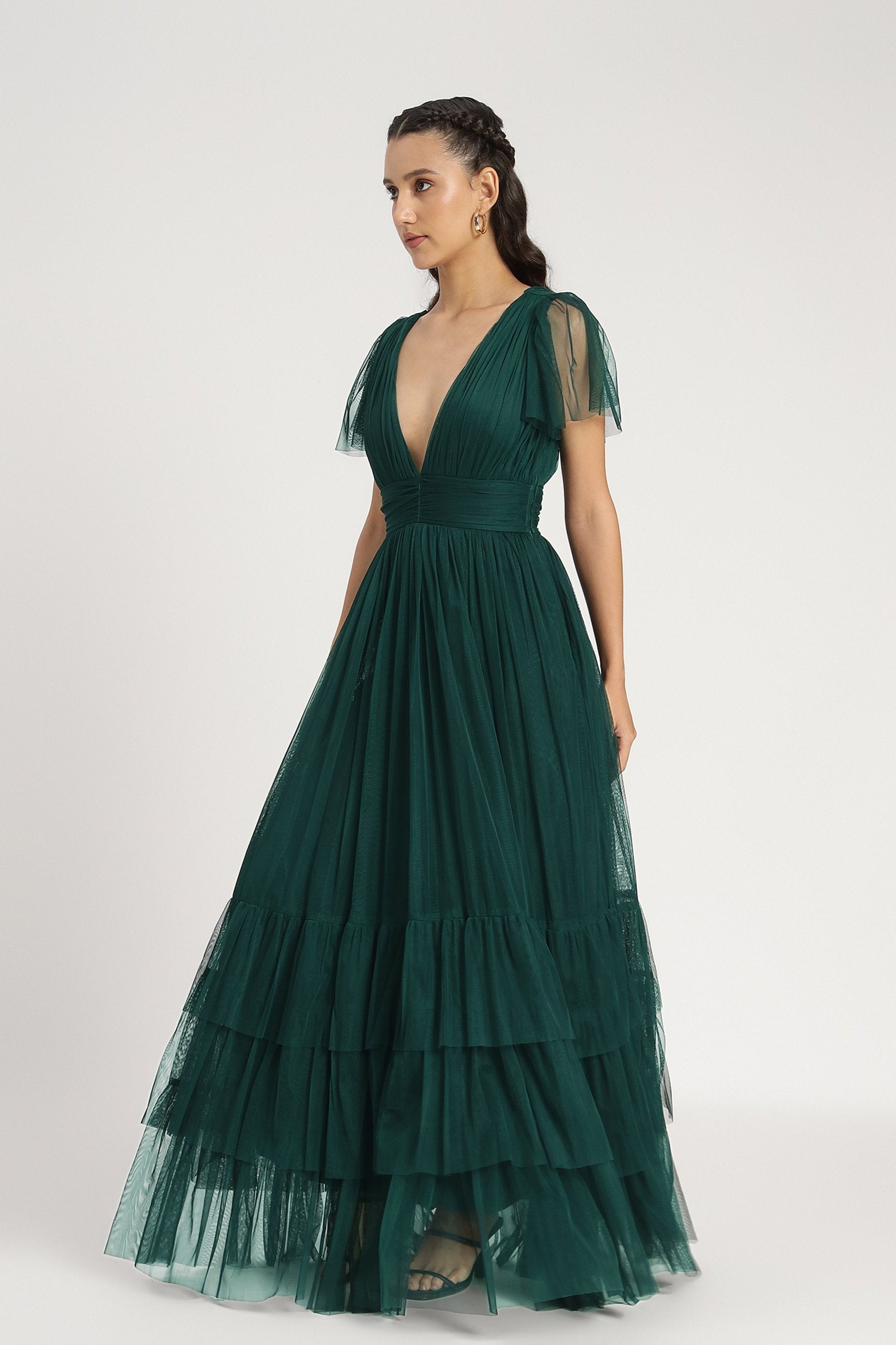 Madison Tulle Maxi Dress in Forest Green