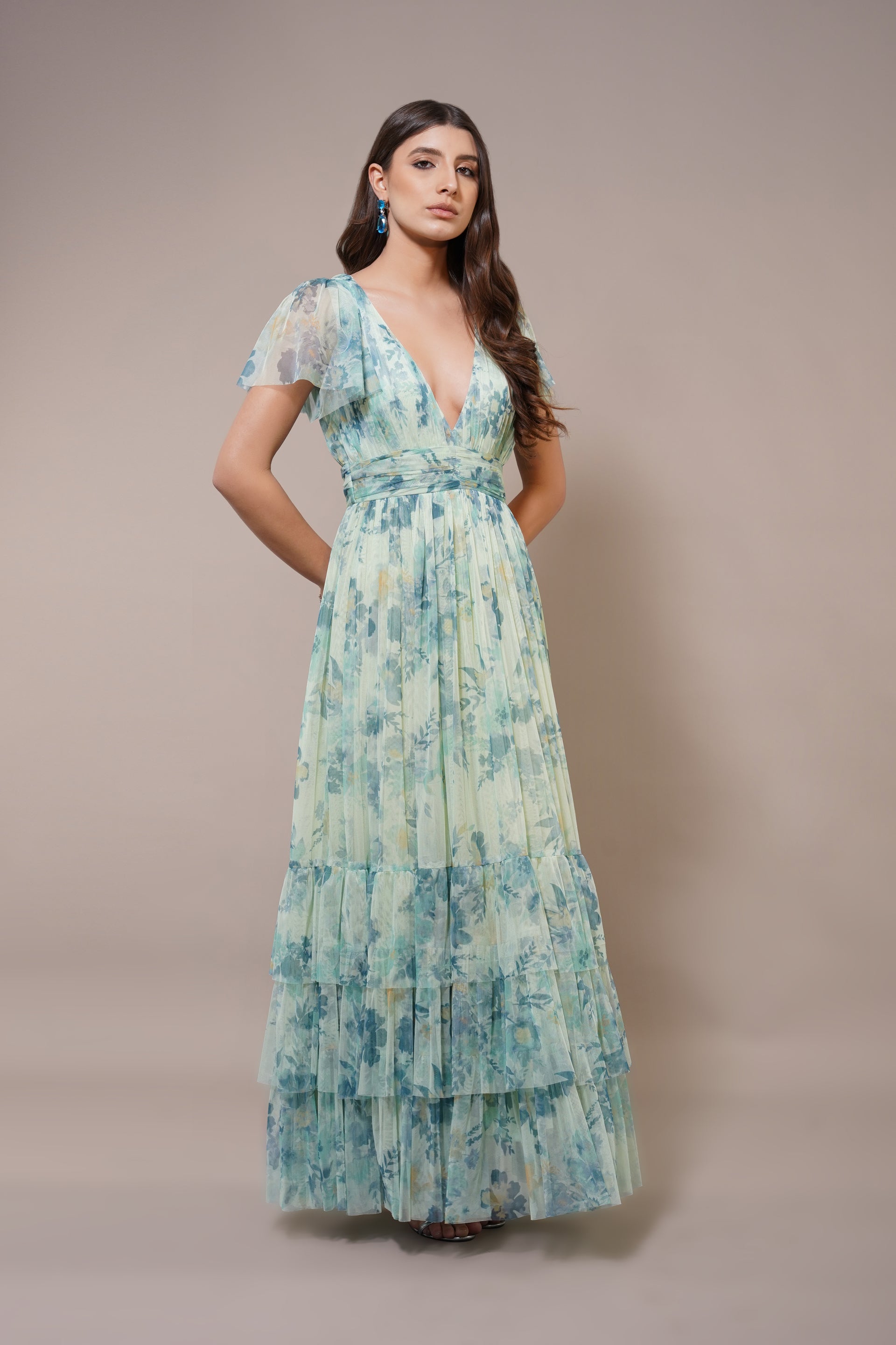 Madison Tulle Maxi Dress in Light Sage Floral