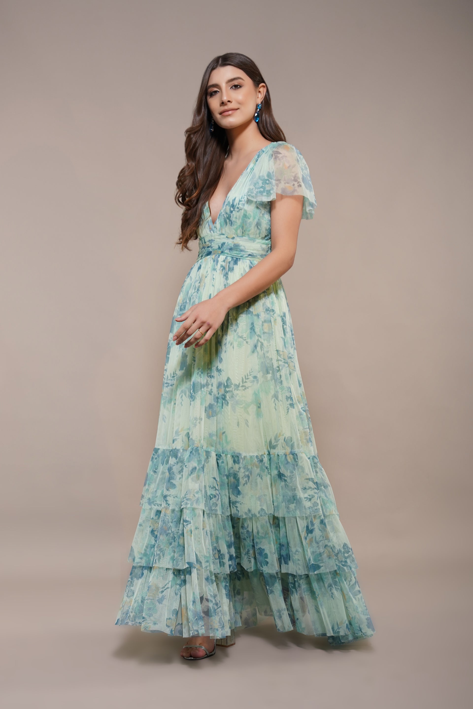 Madison Tulle Maxi Dress in Light Sage Floral