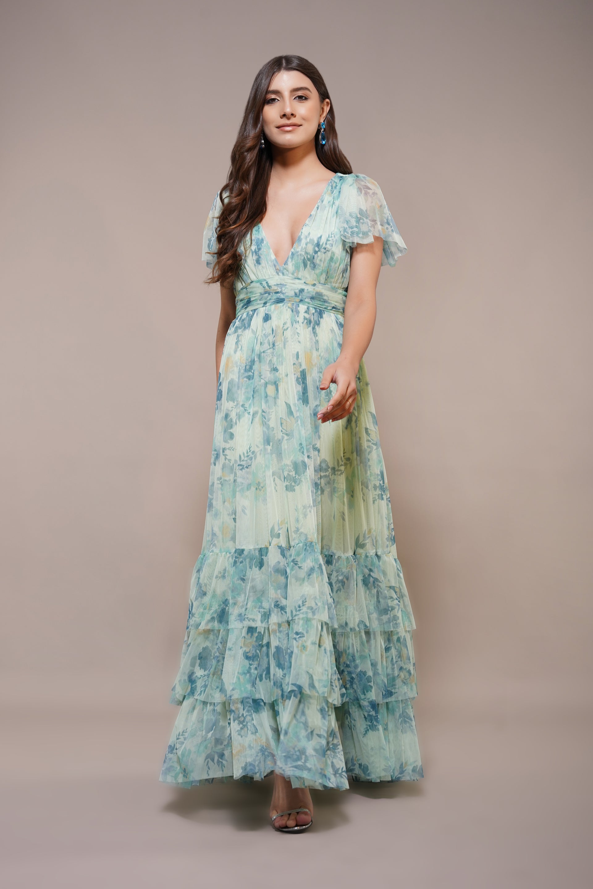 Madison Tulle Maxi Dress in Light Sage Floral