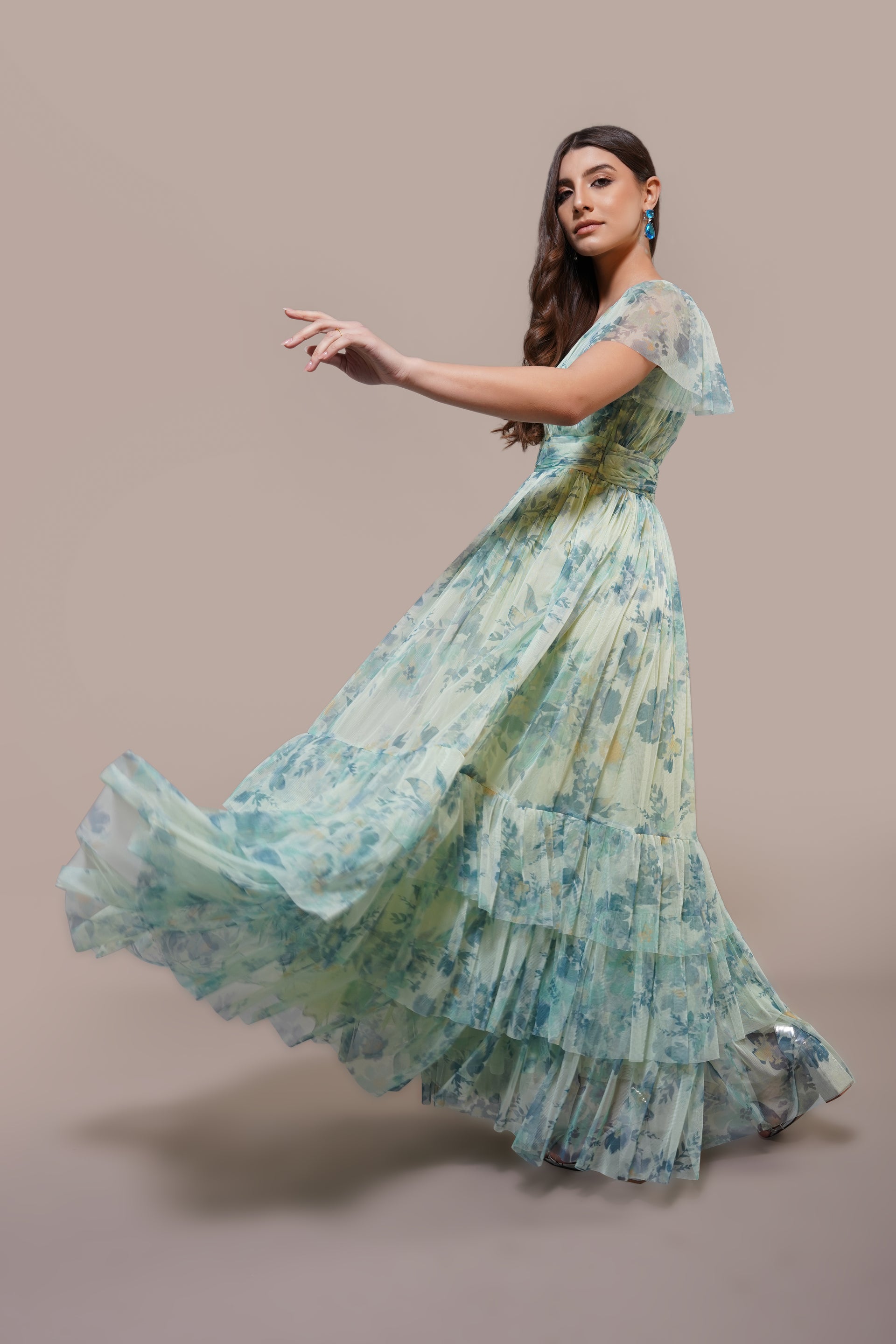 Tulle Sage Green Blue Floral Bridesmaid Wedding Guest Maxi Dress Plunging V-neck