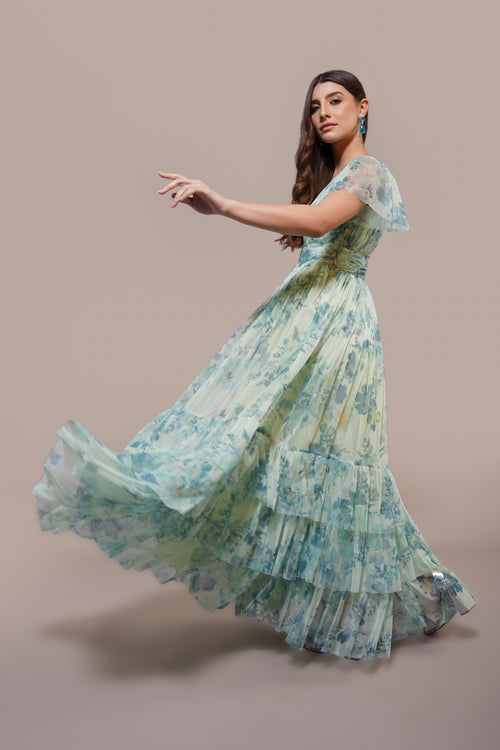 Tulle Sage Green Blue Floral Bridesmaid Wedding Guest Maxi Dress Plunging V-neck