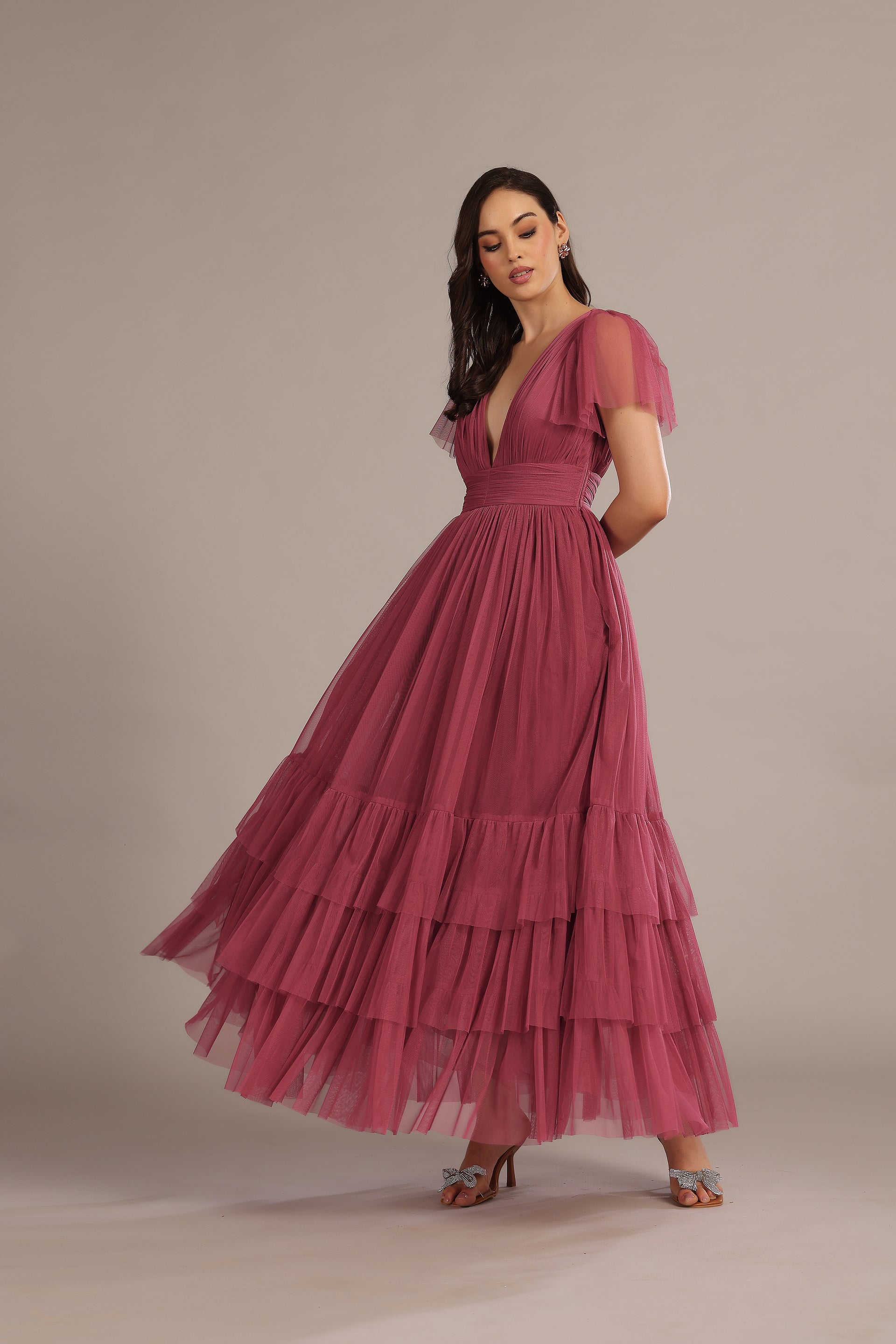 Bridesmaid Orchid Pink Purple Tulle Mesh Plunging Tiered Maxi Dress