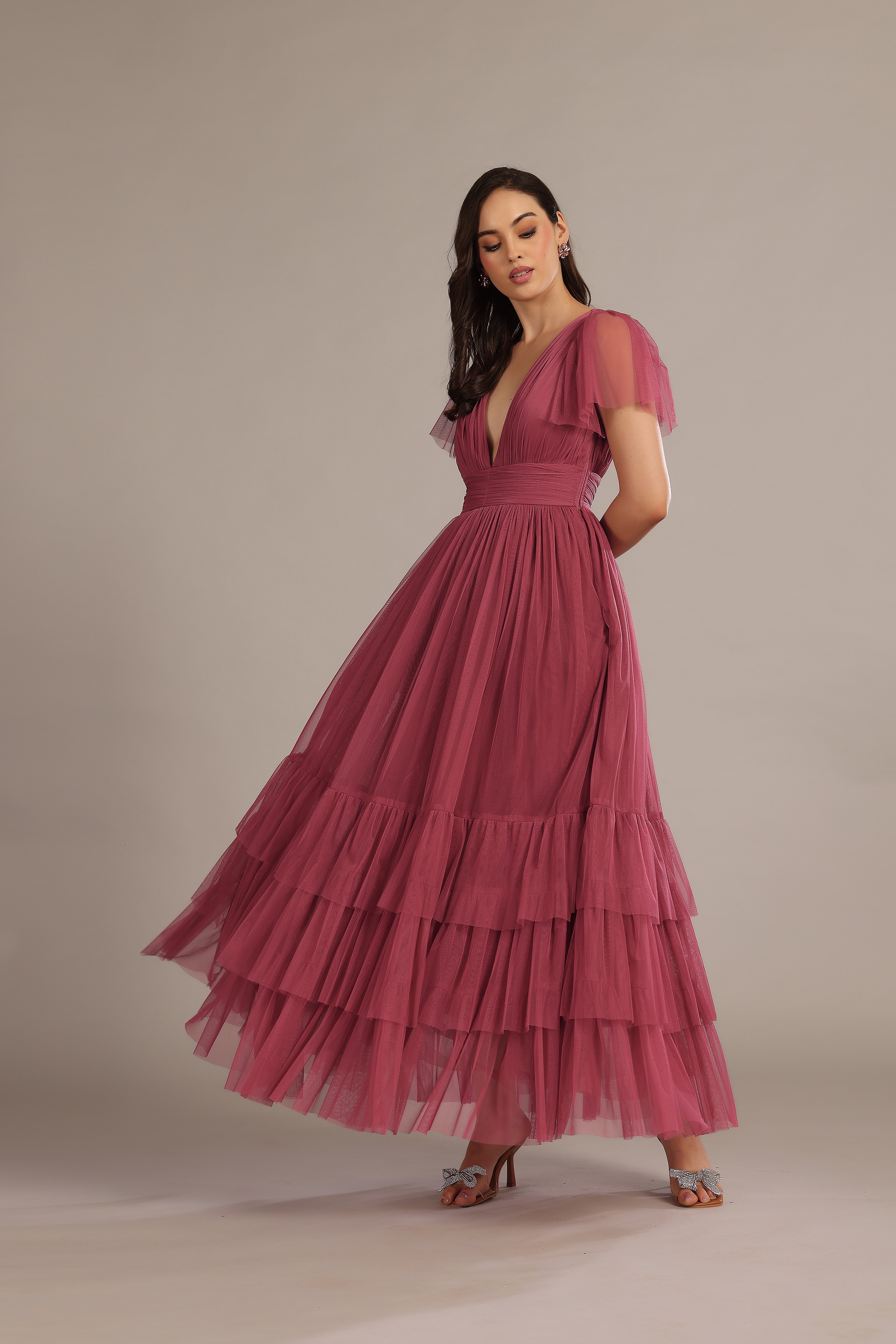 Bridesmaid Orchid Pink Purple Tulle Mesh Plunging Tiered Maxi Dress
