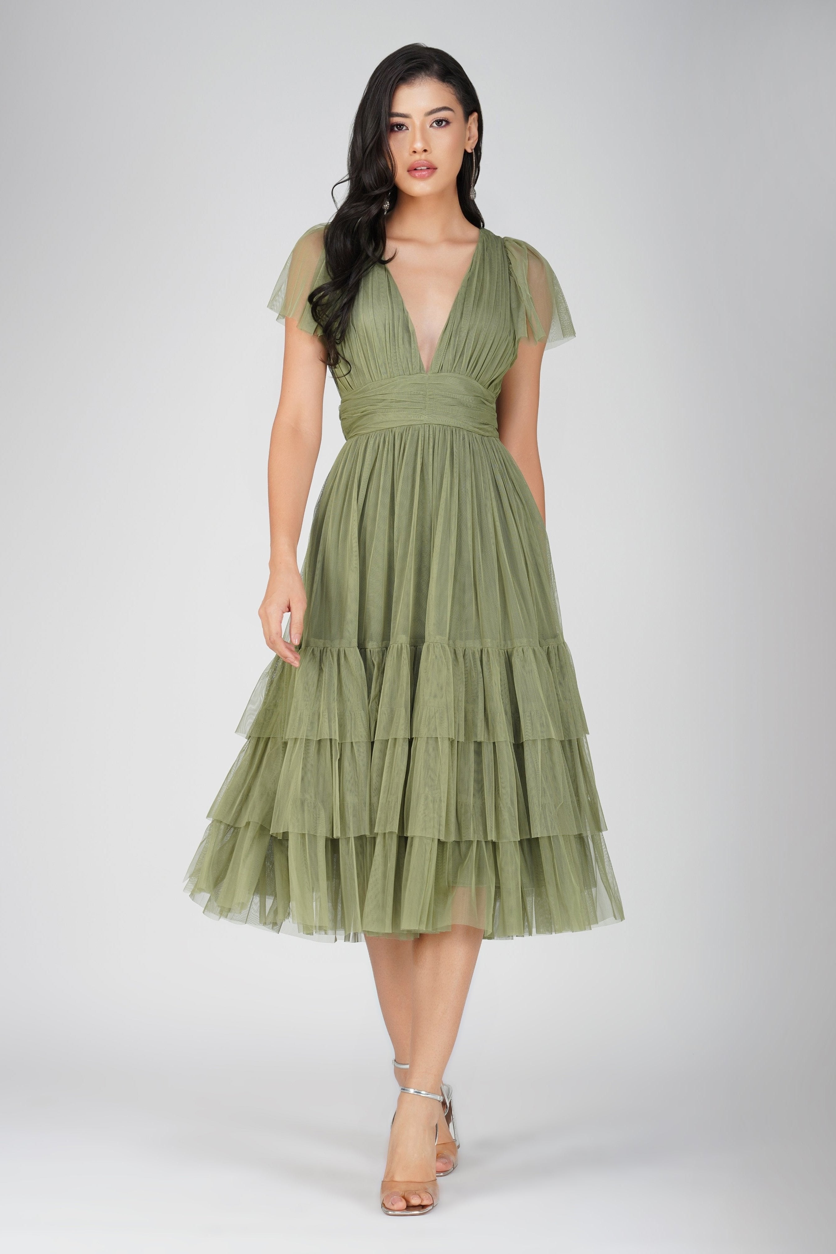 Madison Soft Olive Tulle Bridesmaid Midi Dress Madison Soft Olive Tulle Bridesmaid Midi Dress