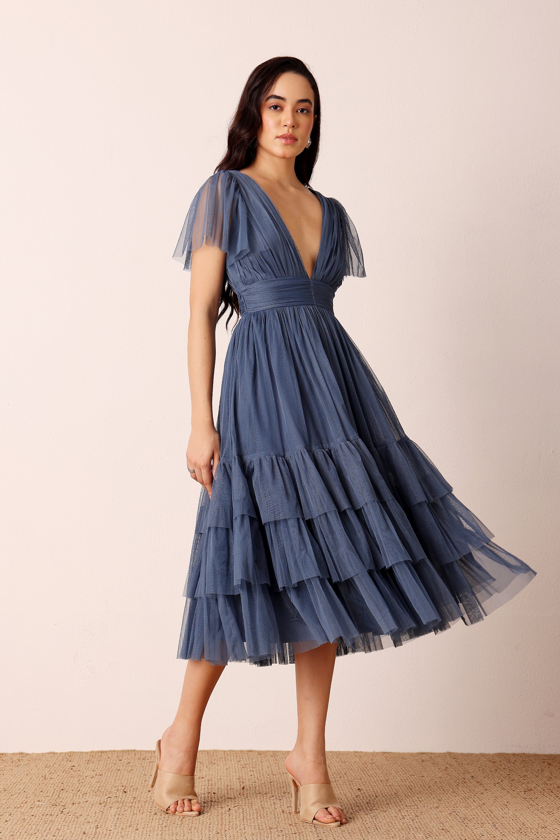 Madison Ethereal Blue Tulle Midi Bridesmaid Dress