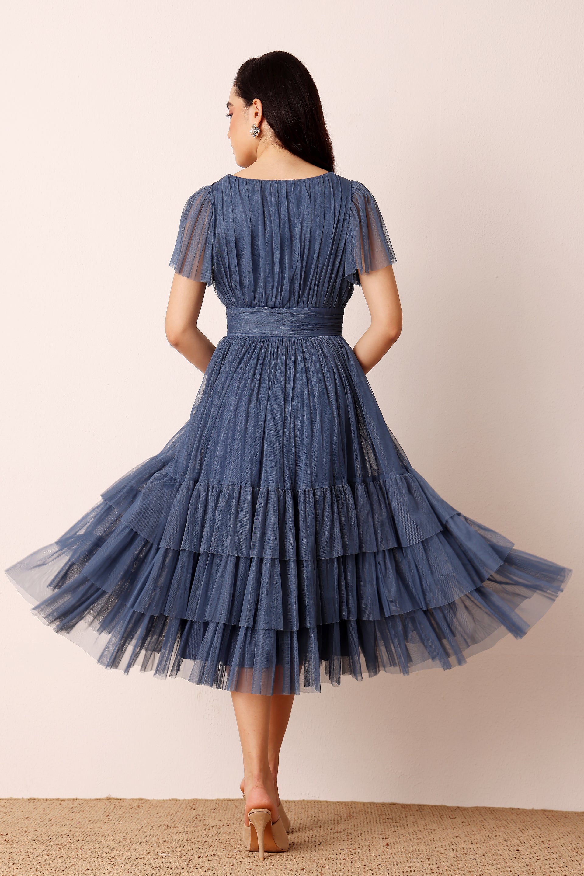 Madison Ethereal Blue Tulle Midi Bridesmaid Dress