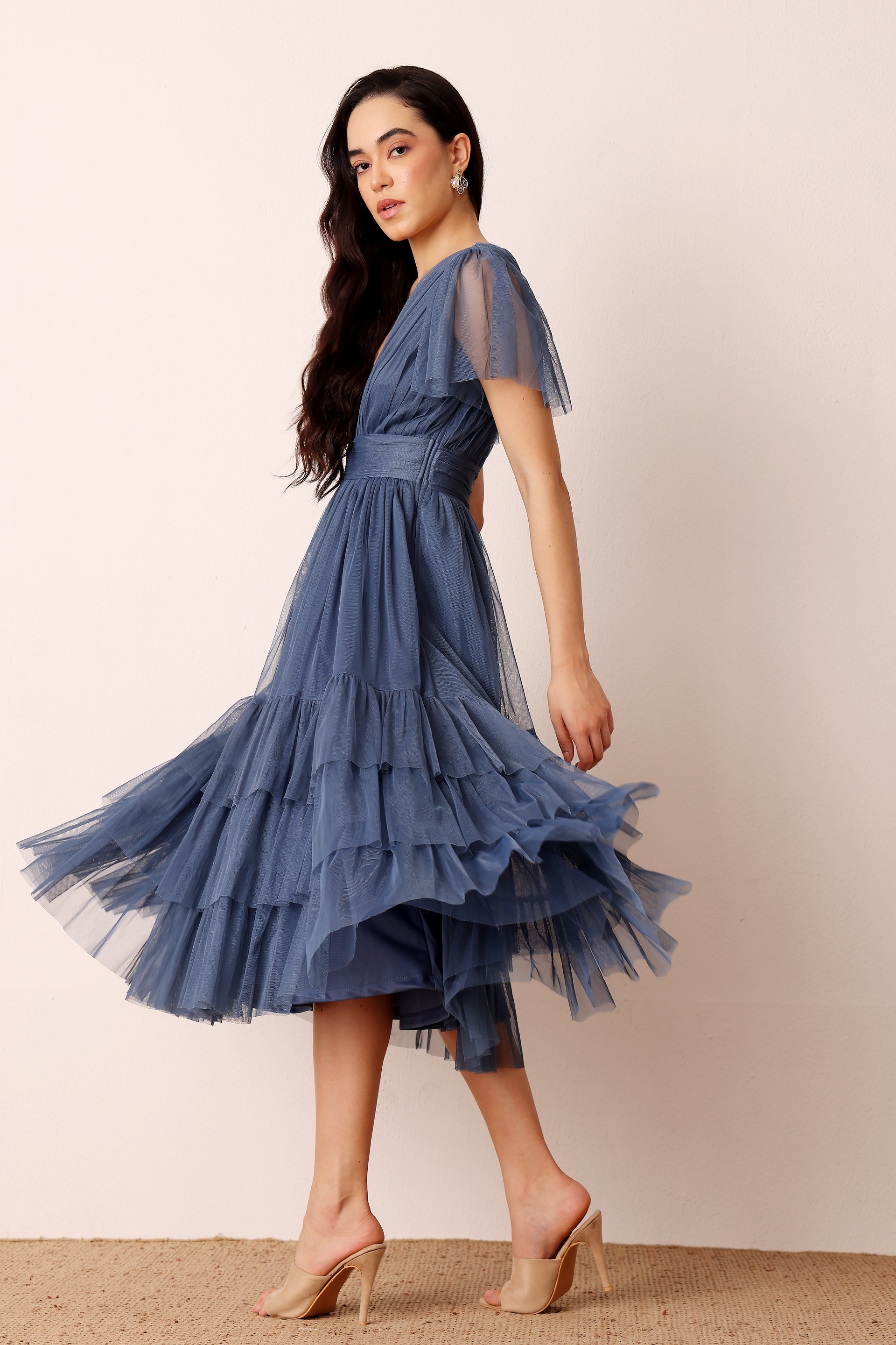 Madison Ethereal Blue Tulle Midi Bridesmaid Dress