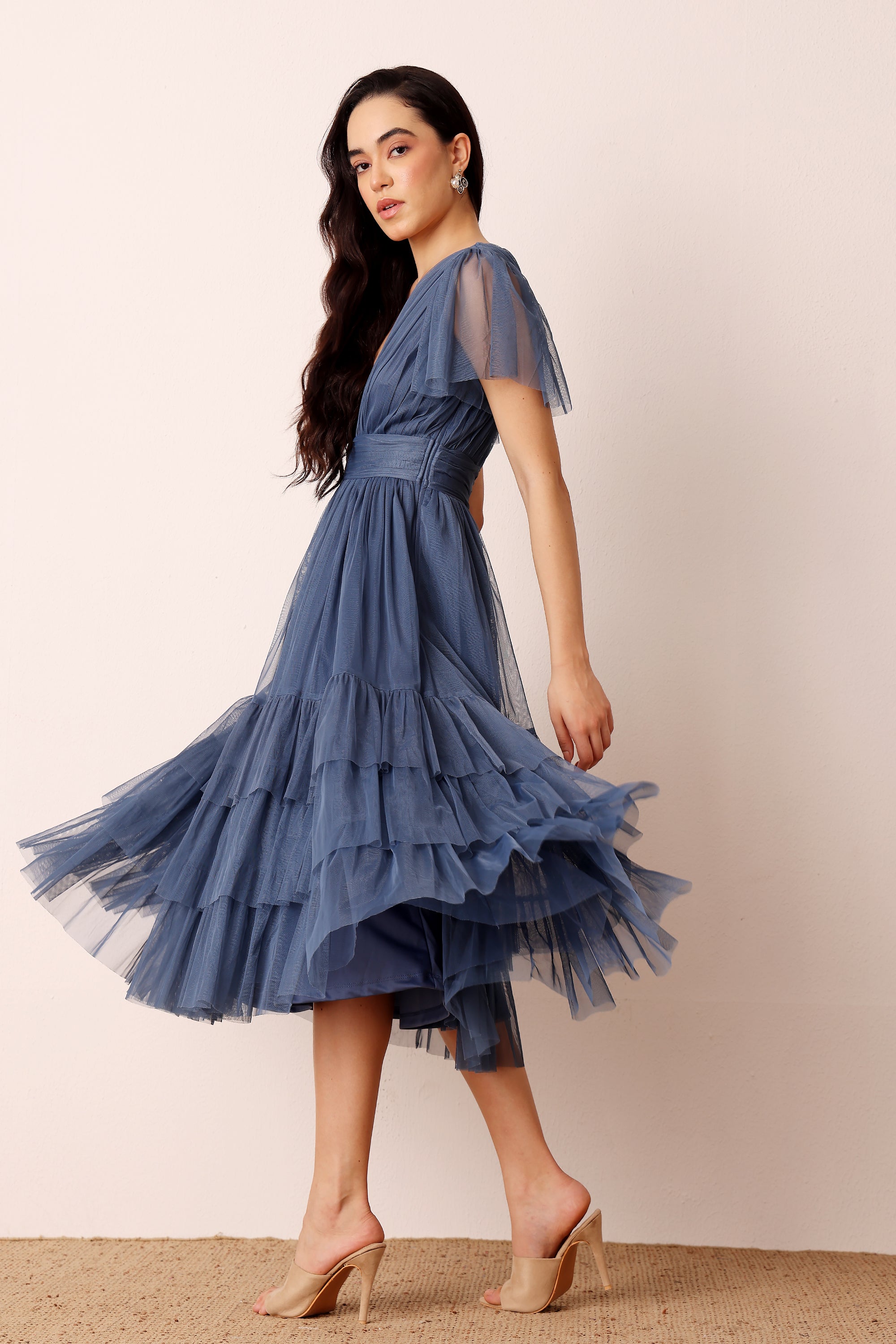 Madison Ethereal Blue Tulle Midi Bridesmaid Dress
