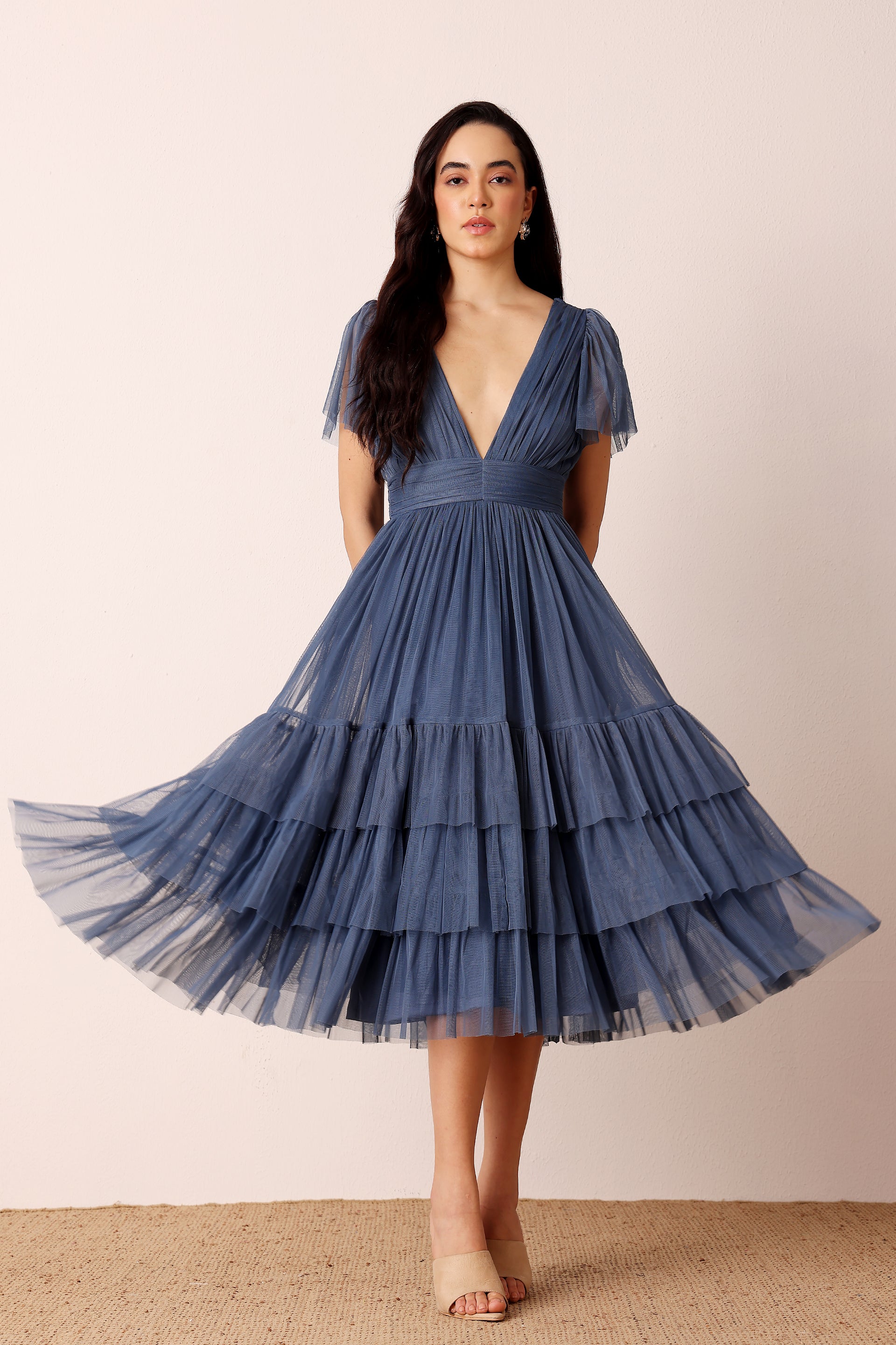 Madison Ethereal Blue Tulle Midi Bridesmaid Dress