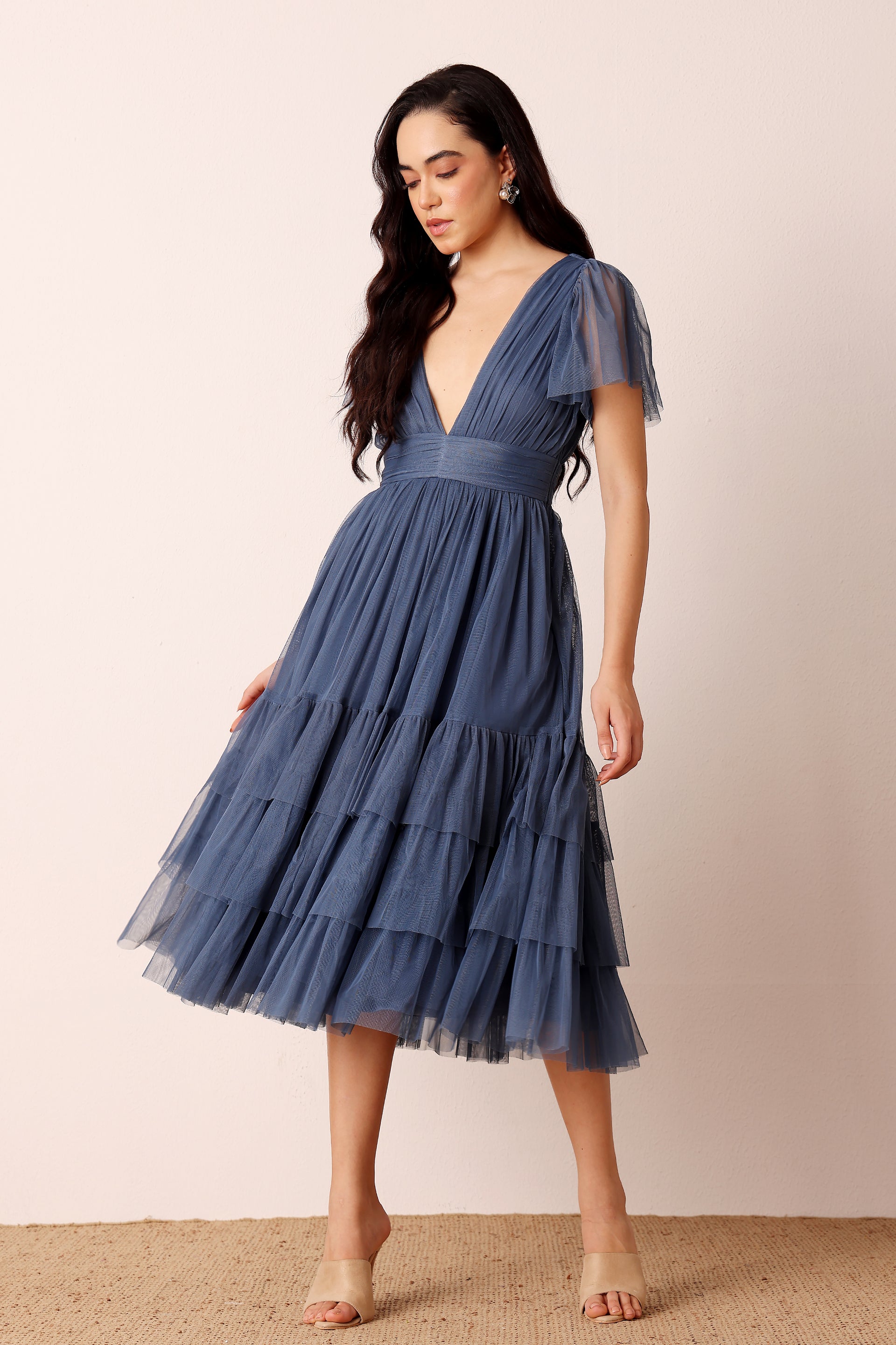 Madison Ethereal Blue Tulle Midi Bridesmaid Dress