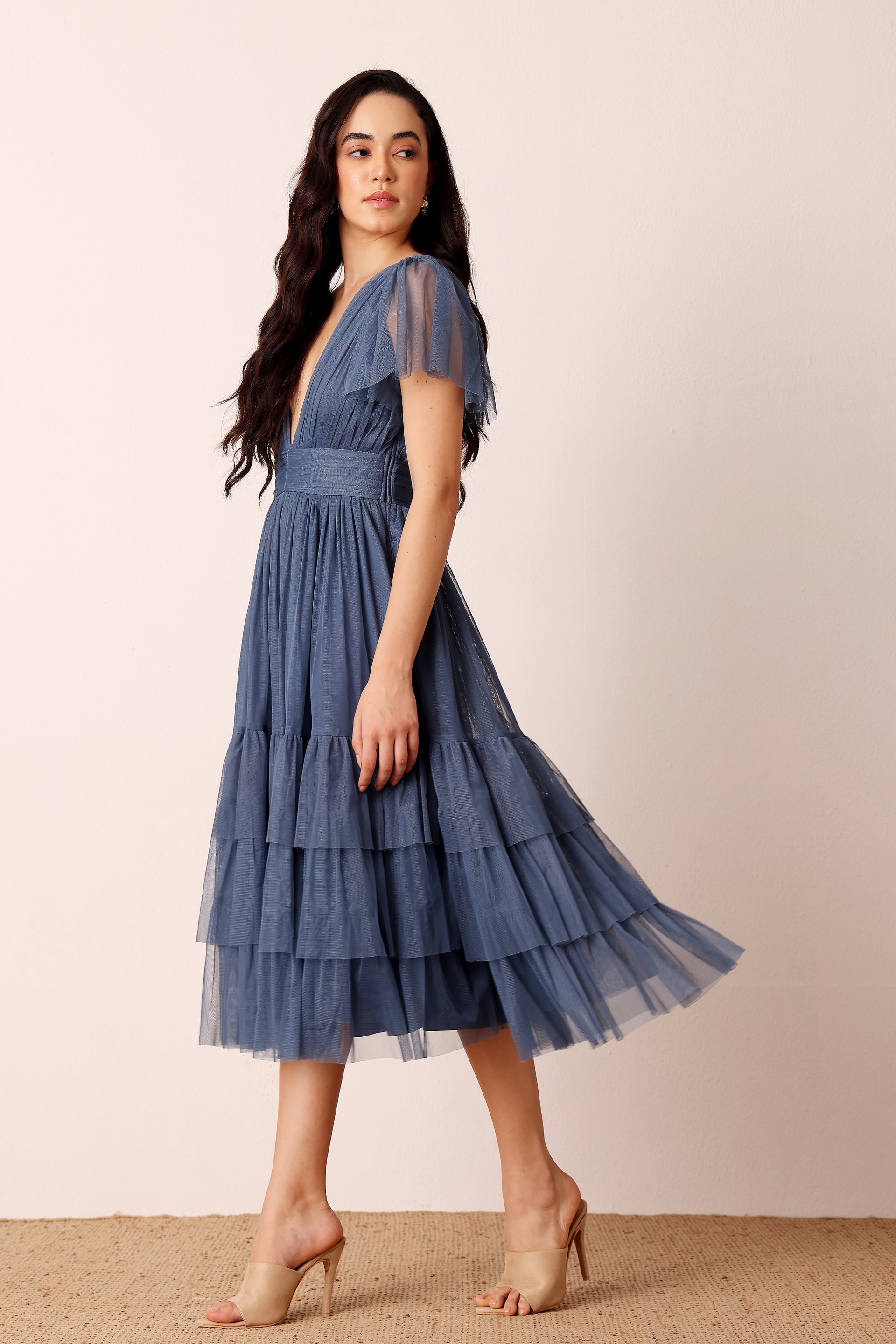 Madison Ethereal Blue Tulle Midi Bridesmaid Dress