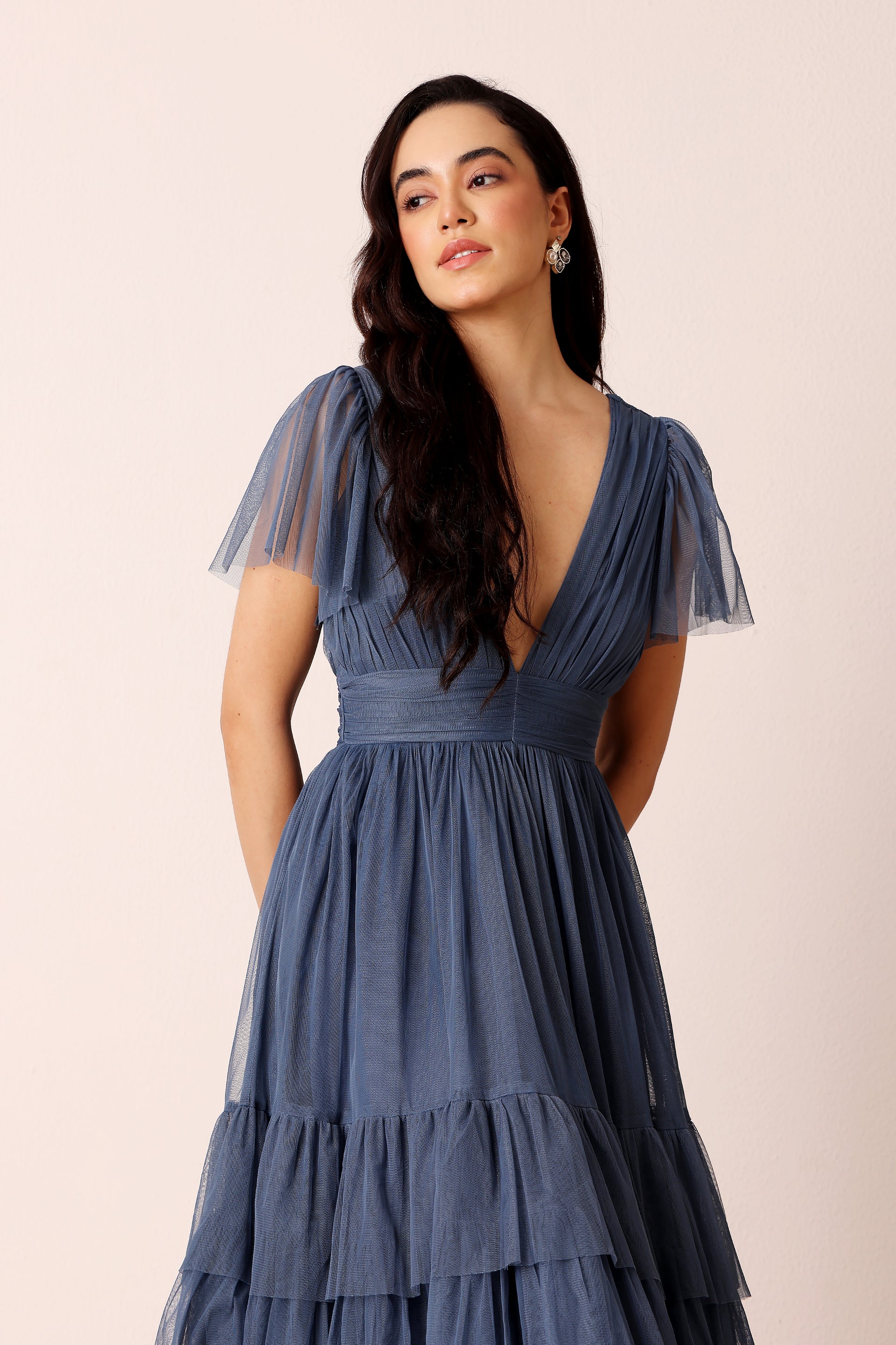 Madison Ethereal Blue Tulle Midi Bridesmaid Dress