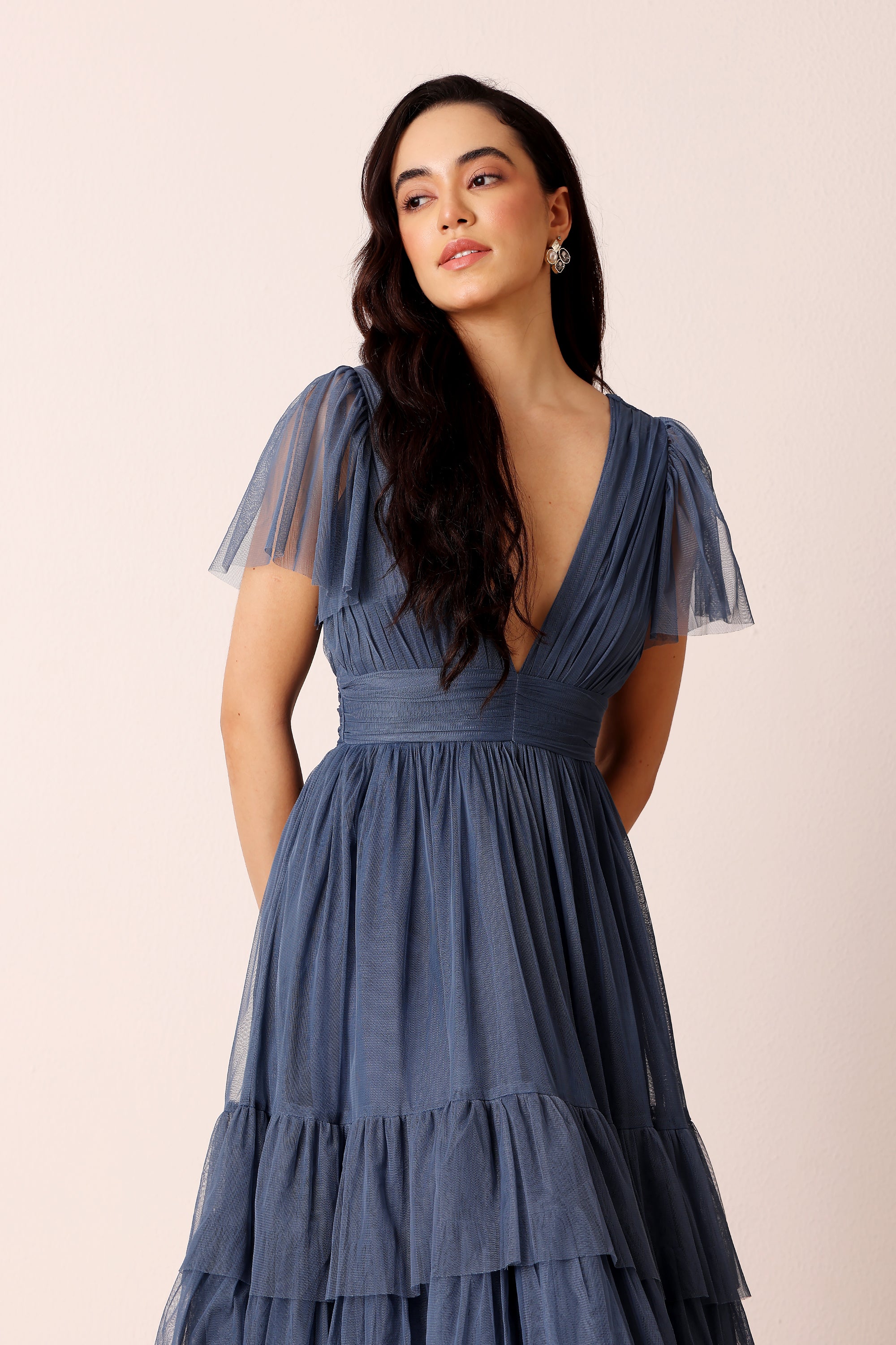 Madison Ethereal Blue Tulle Midi Bridesmaid Dress
