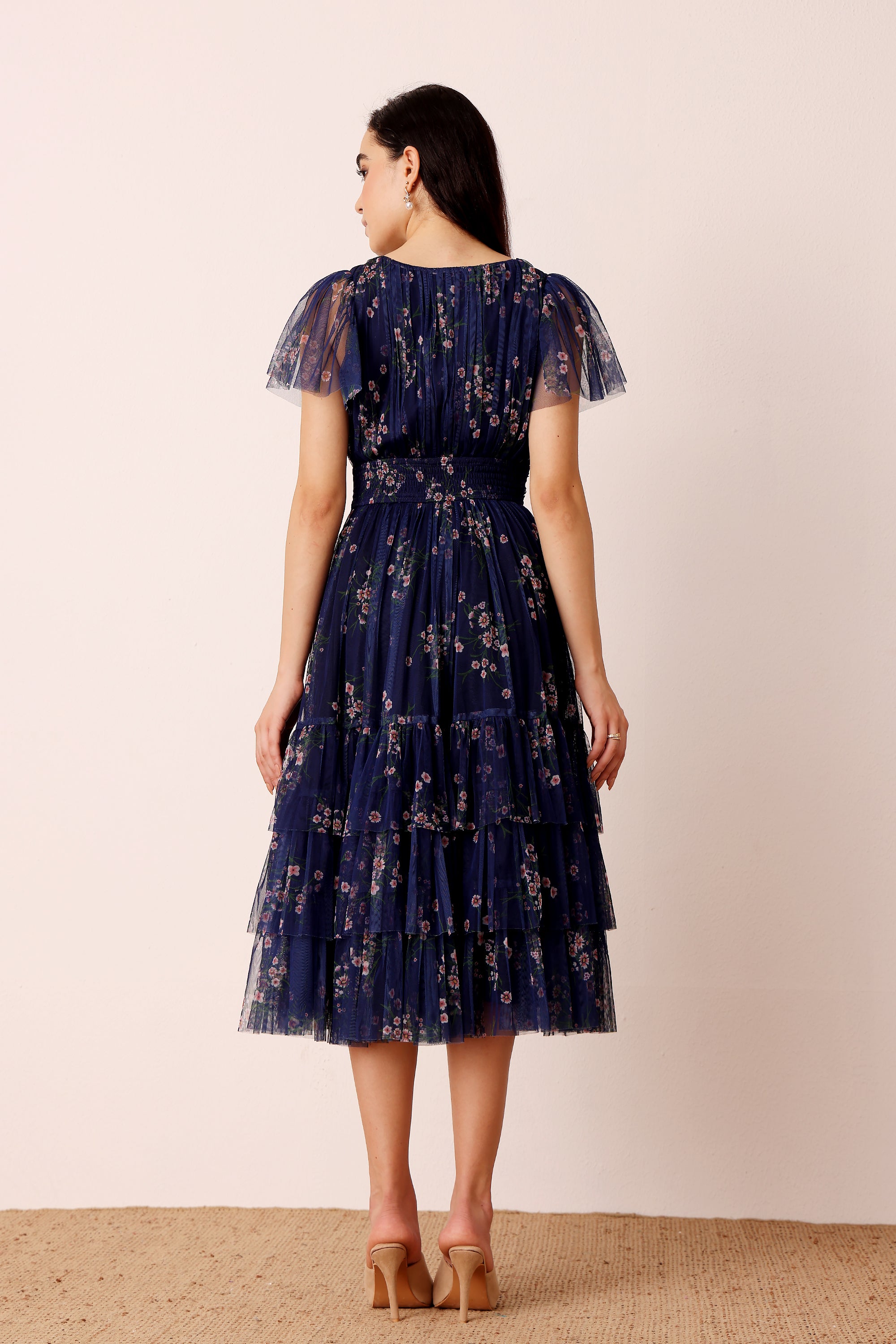 Smocked Madison Midi Dress in Navy Floral