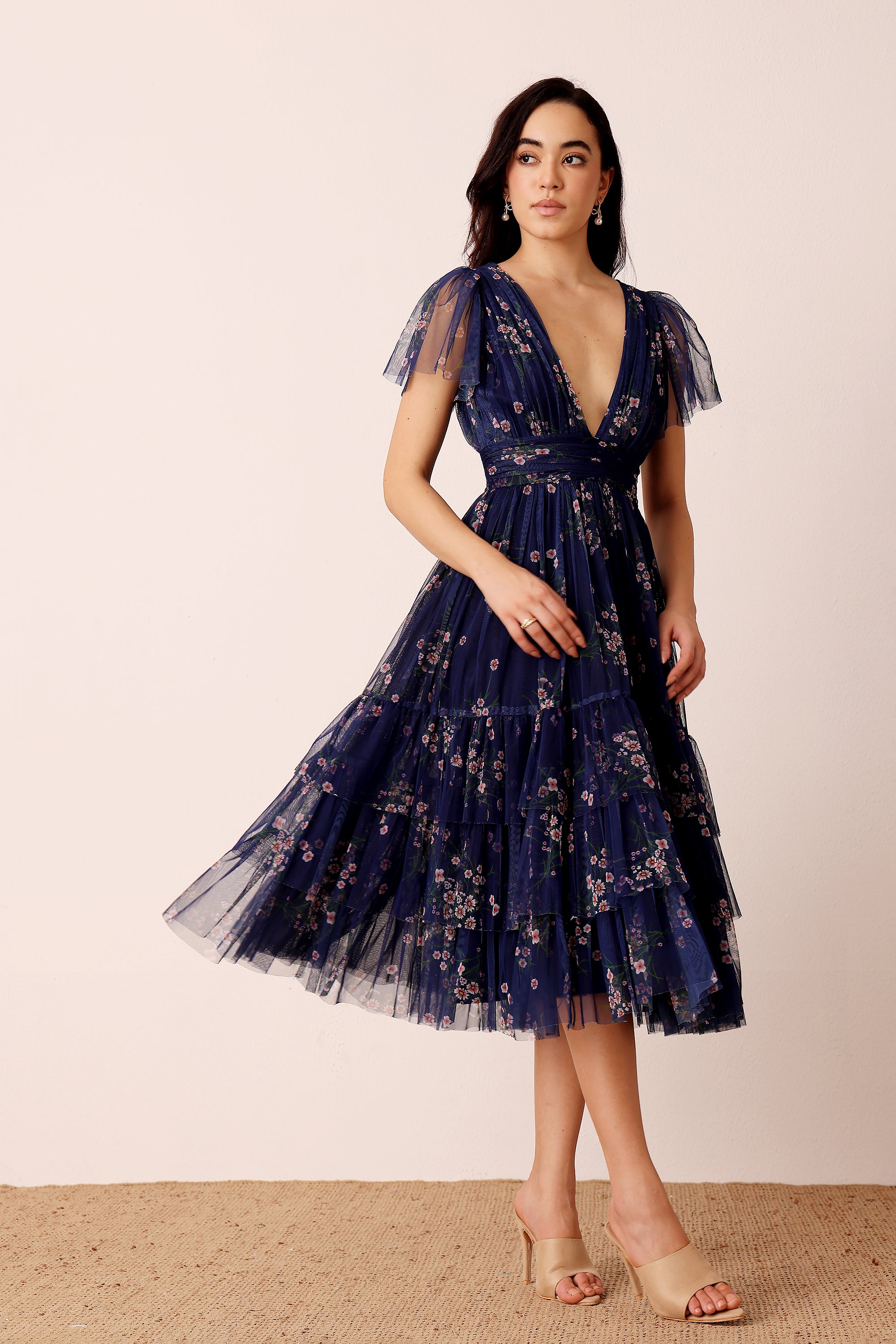Smocked Madison Midi Dress in Navy Floral