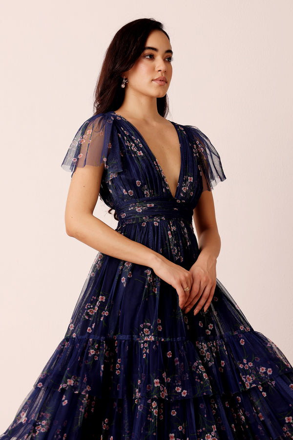Smocked Waist Midi Dress in Navy Daisy