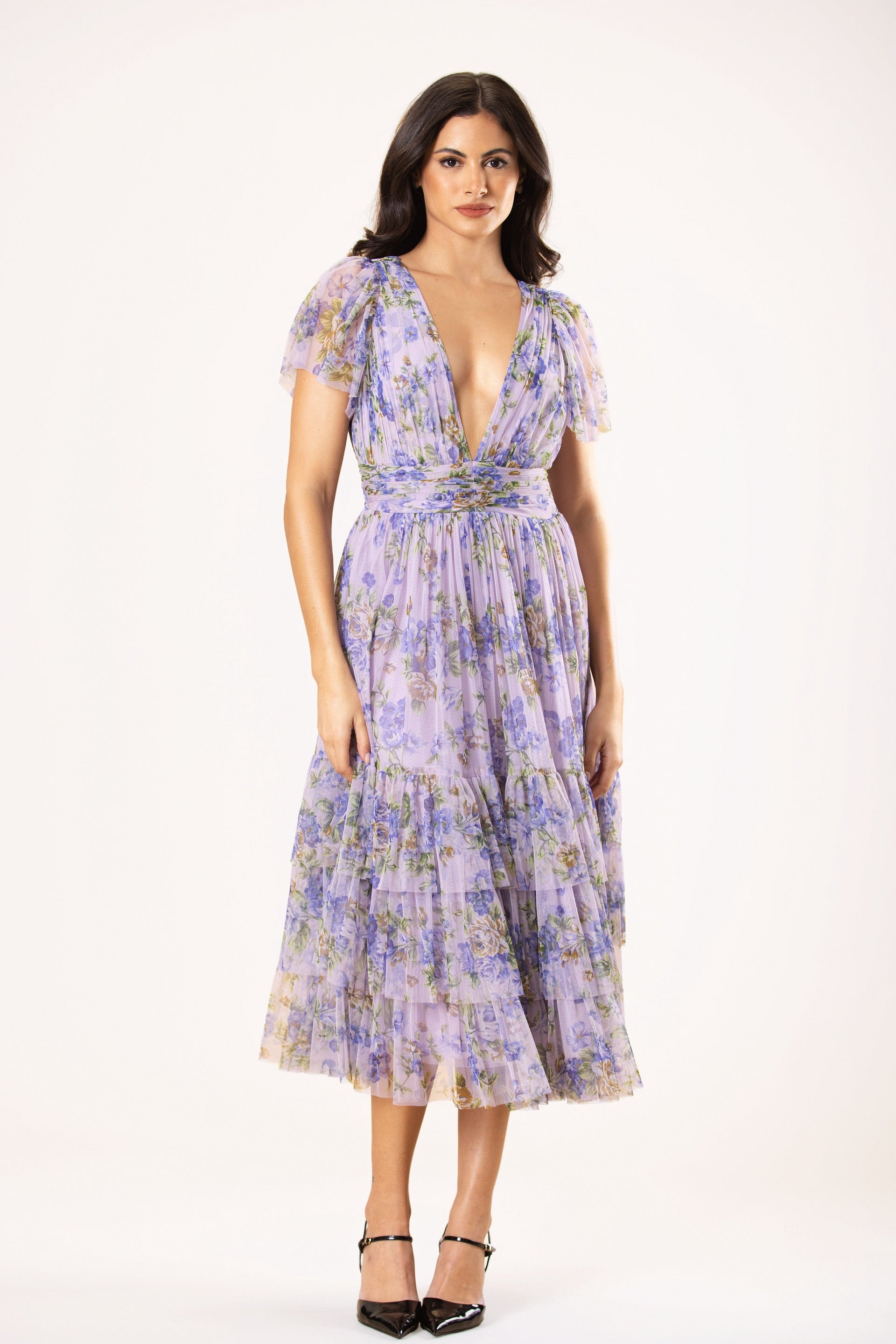 Smocked Stretch Bridesmaid Formal Midi Tulle Mesh Lilac Floral Summer Purple Dress
