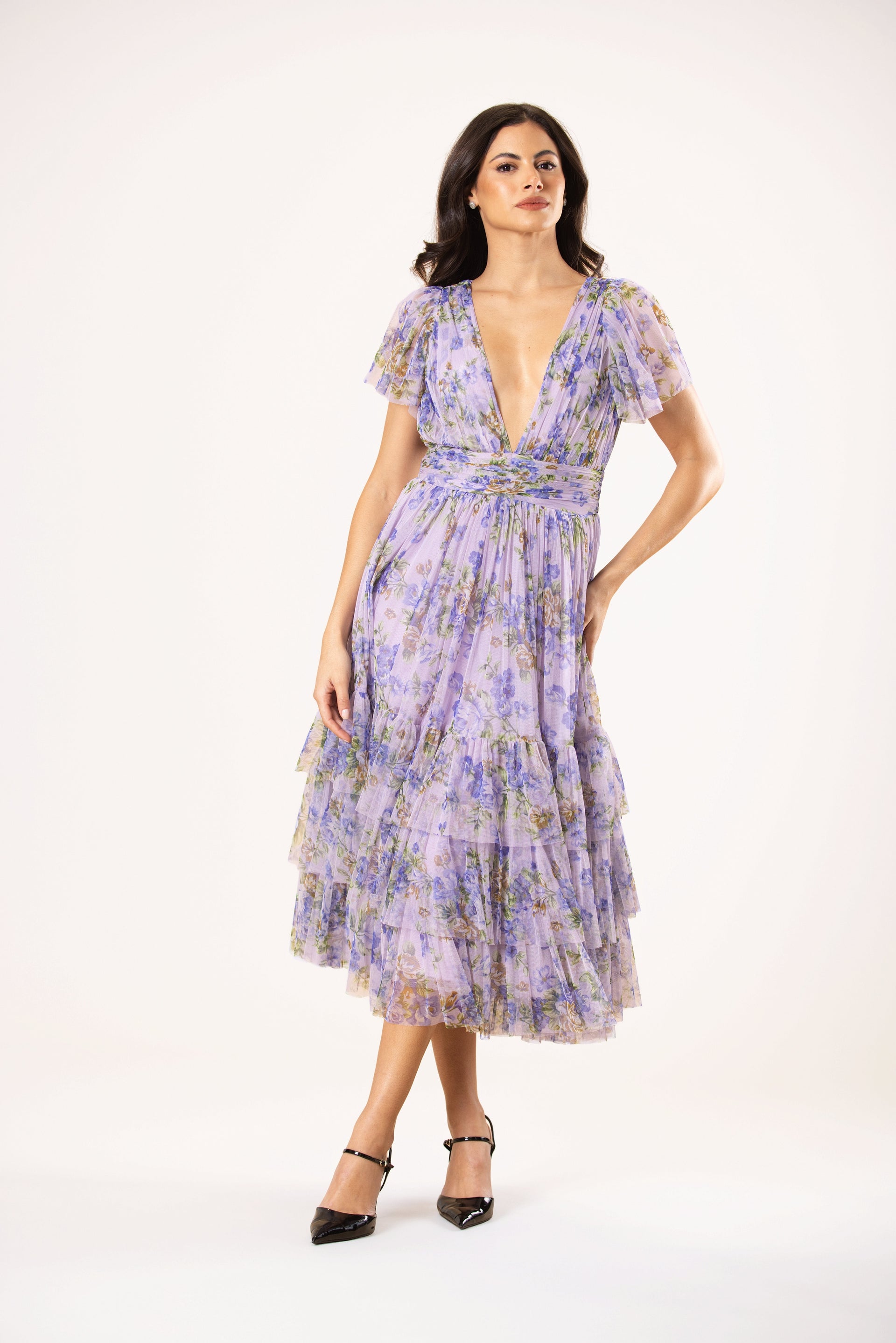 Smocked Madison Tulle Midi Dress in Lilac Print