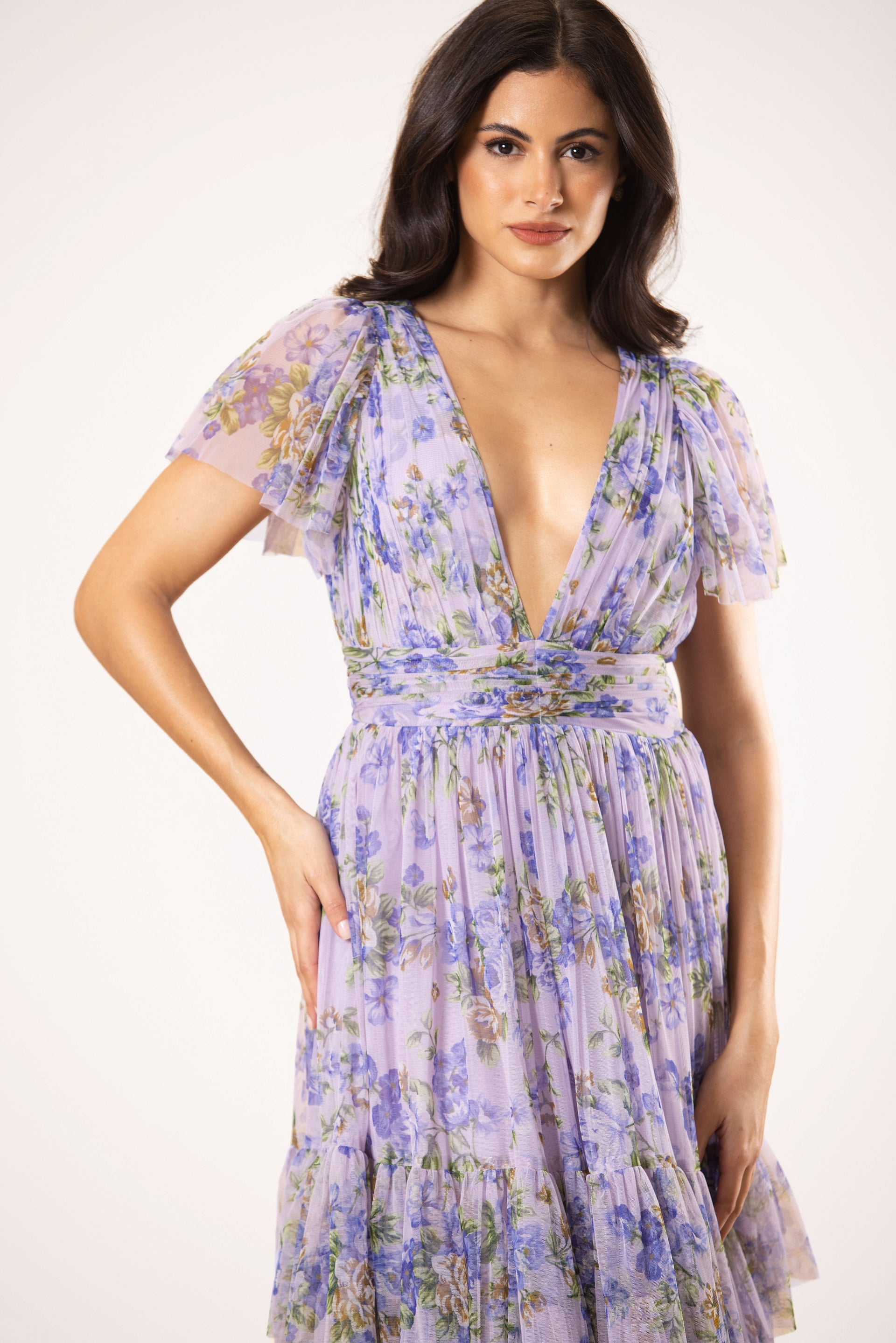 Smocked Madison Tulle Midi Dress in Lilac Print
