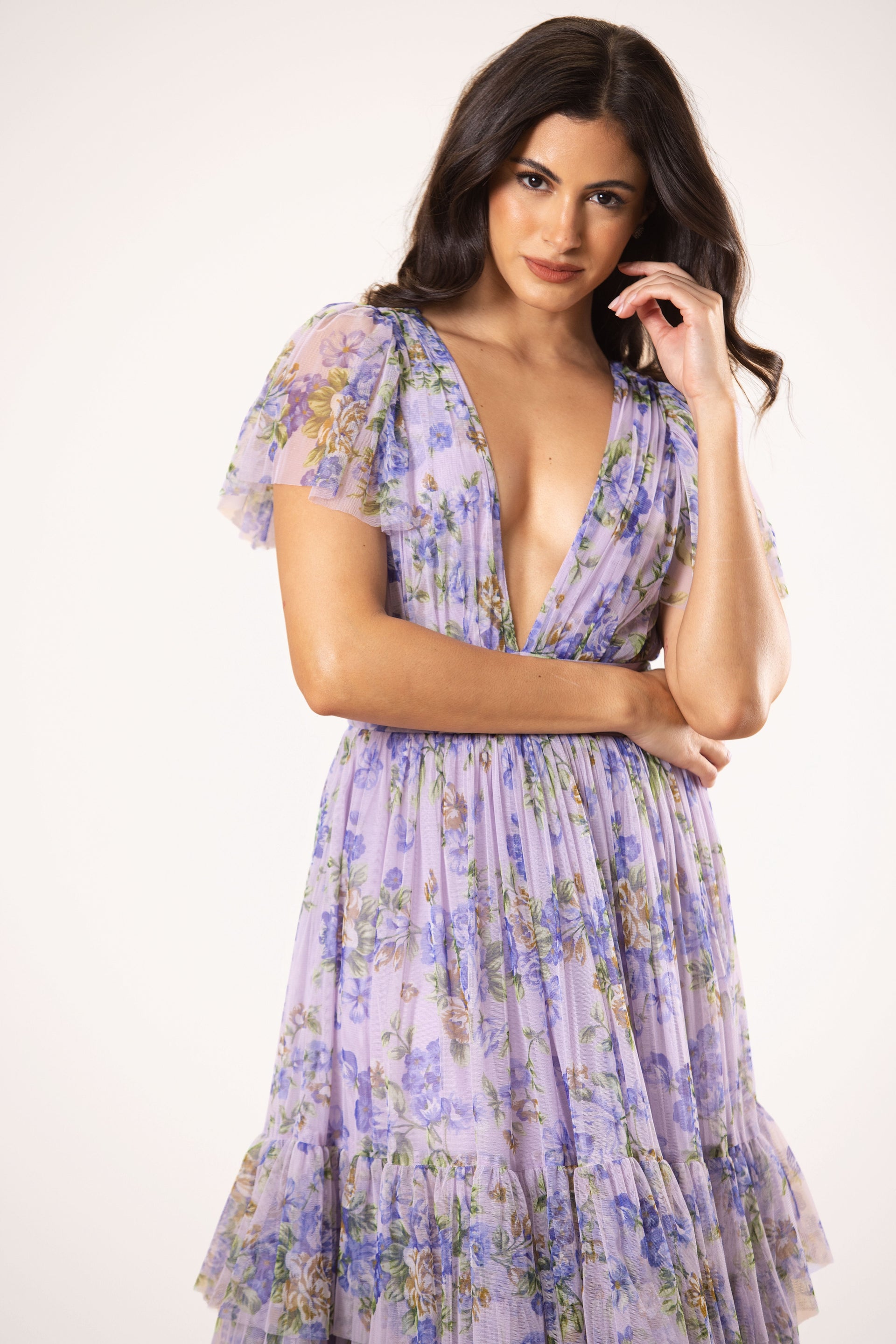 Smocked Madison Tulle Midi Dress in Lilac Print