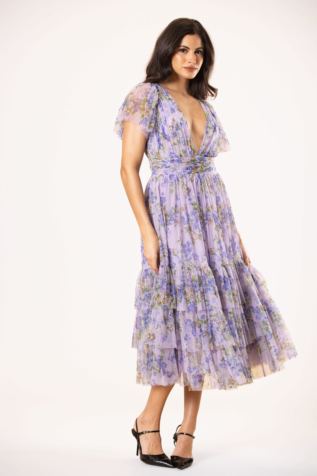 Smocked Madison Tulle Midi Dress in Lilac Print