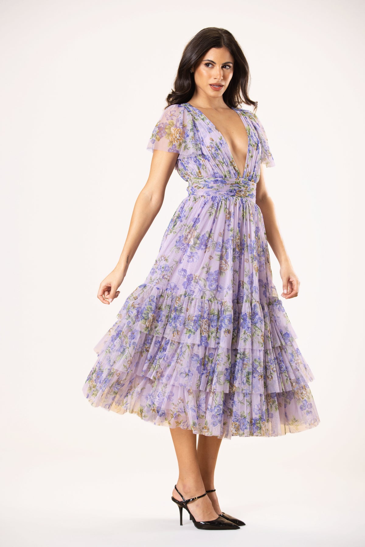 Smocked Madison Tulle Midi Dress in Lilac Print