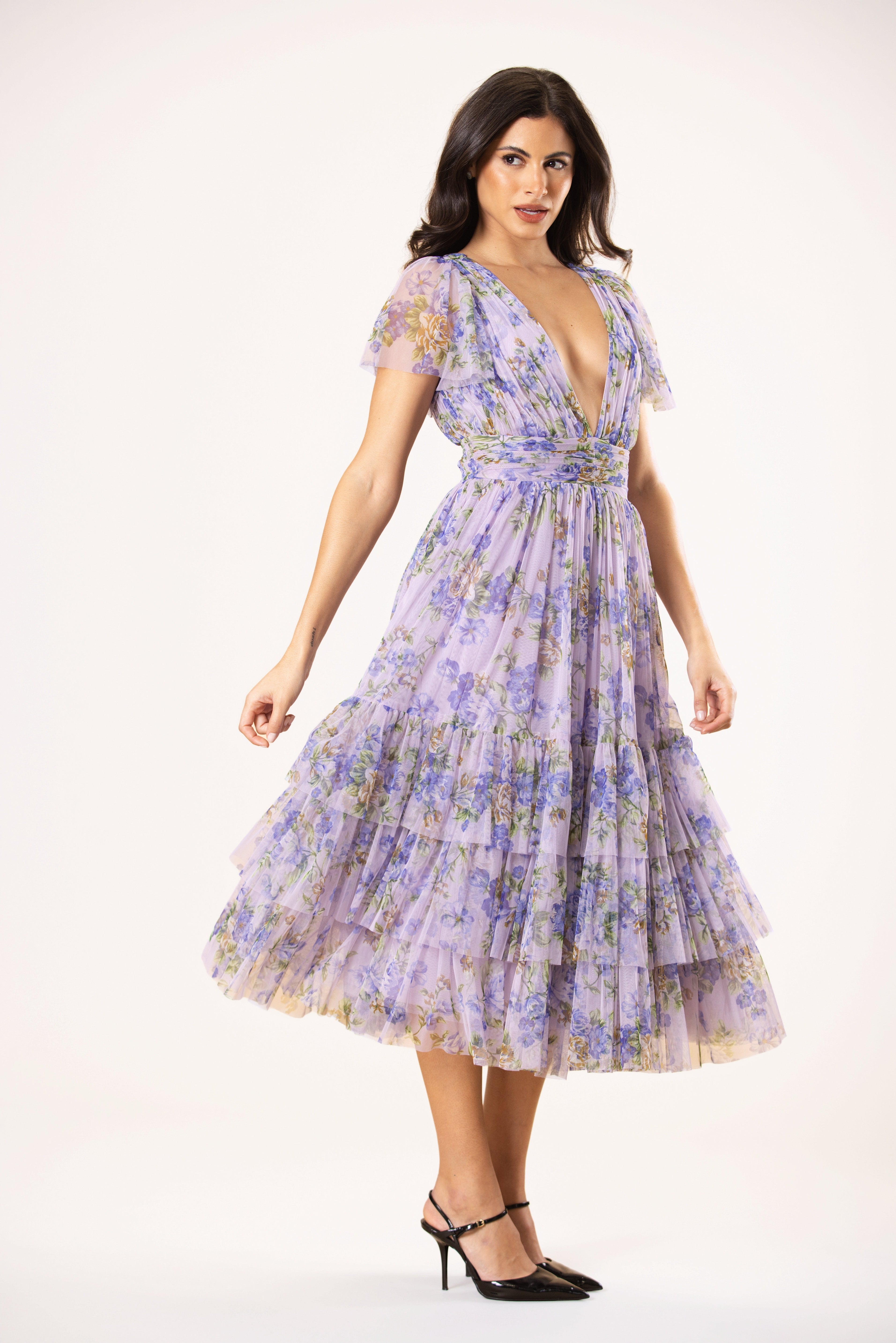 Smocked Madison Tulle Midi Dress in Lilac Print