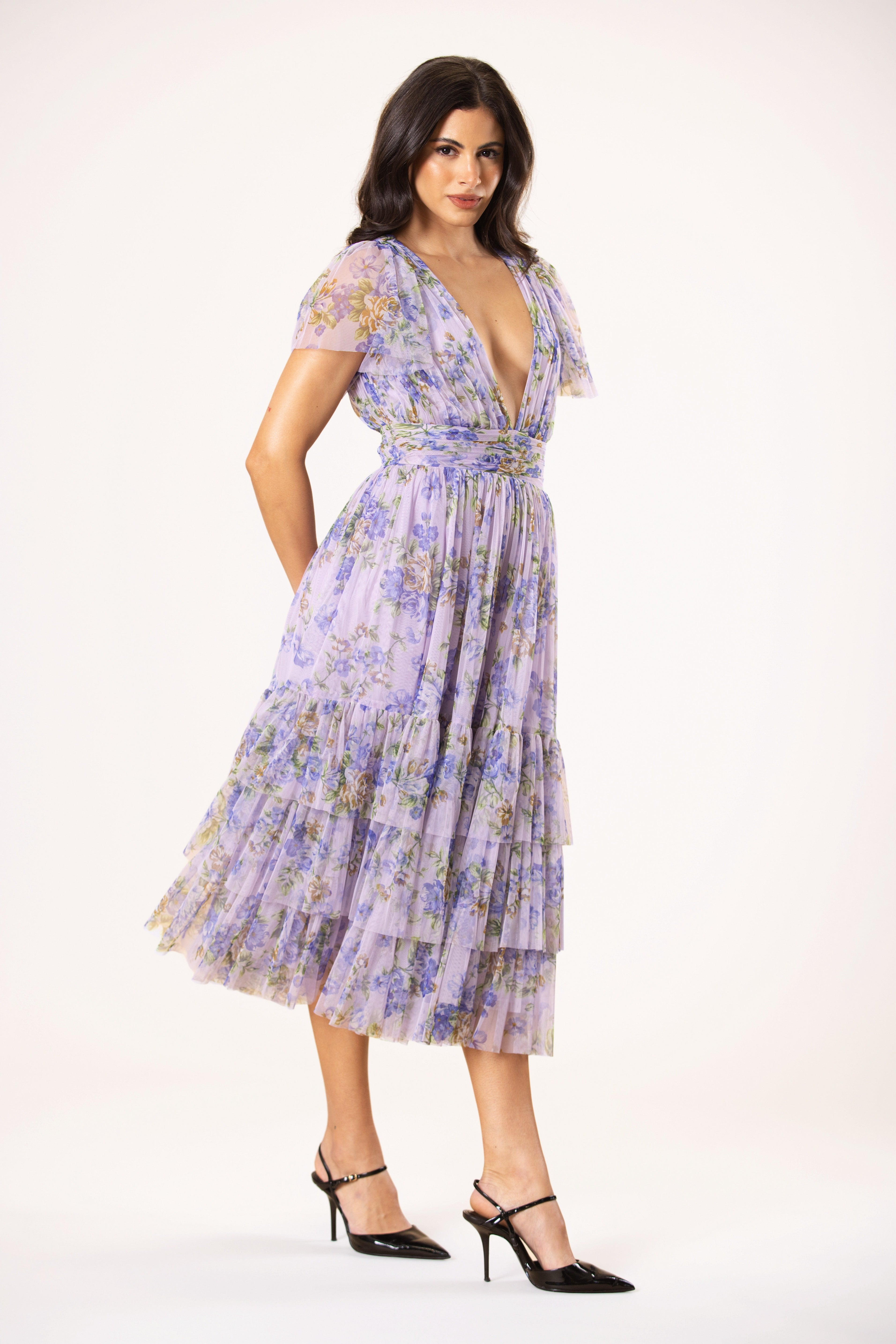 Smocked Madison Tulle Midi Dress in Lilac Print – Lace & Beads