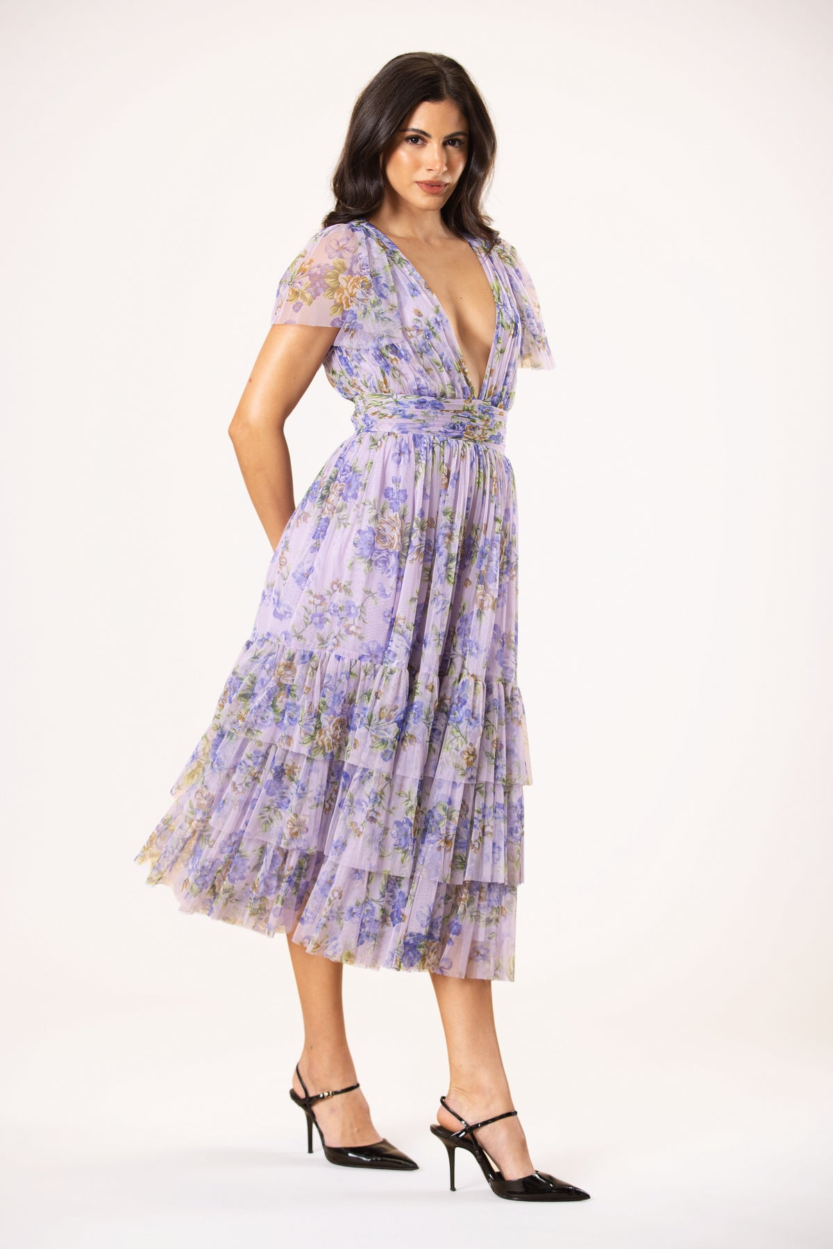 Smocked Madison Tulle Midi Dress in Lilac Print